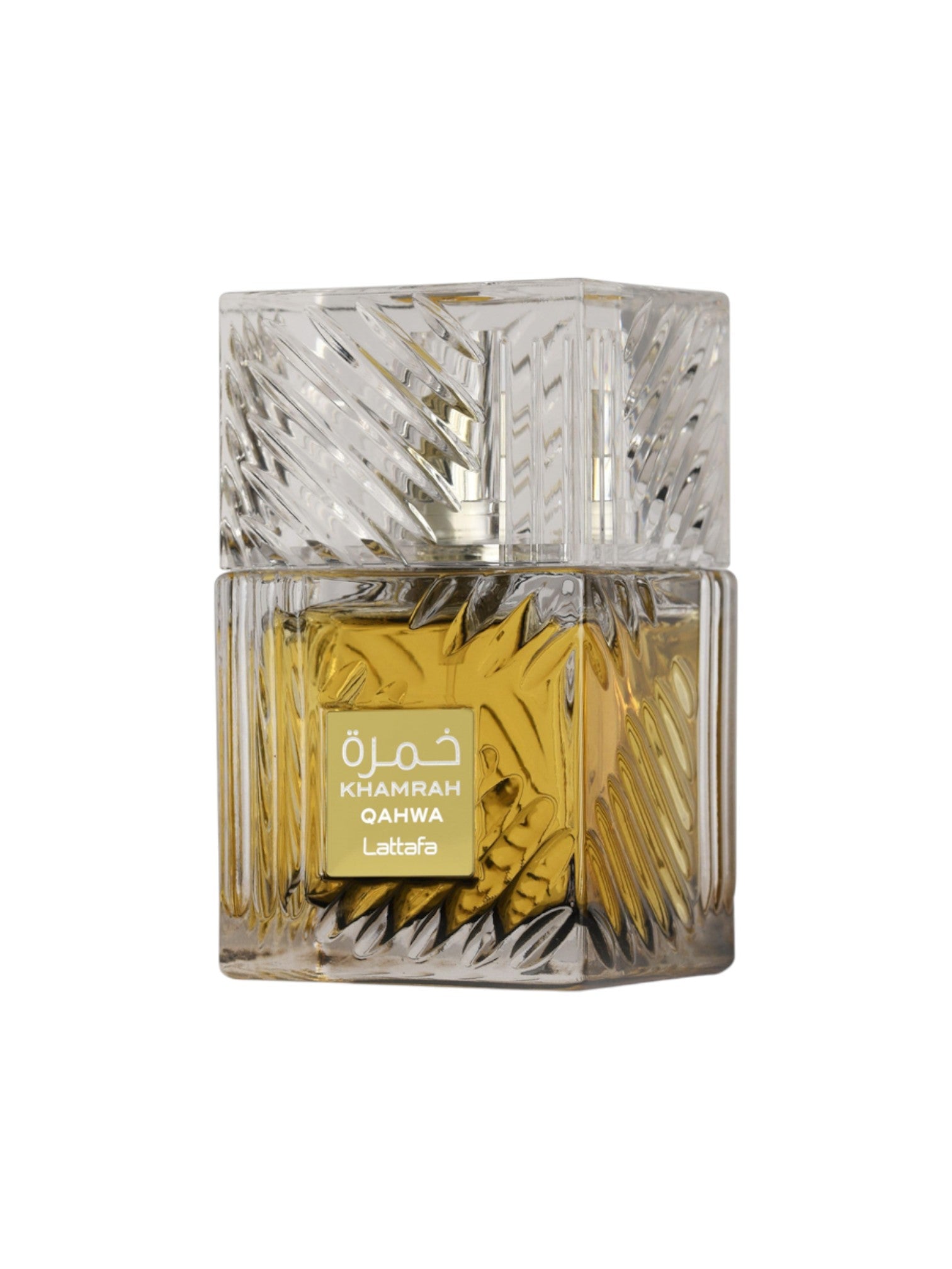 Perfume bottle with intricate design and gold label on a white background. Lattafa, Monza Outlet, Monza Fashion, Shein Outlet