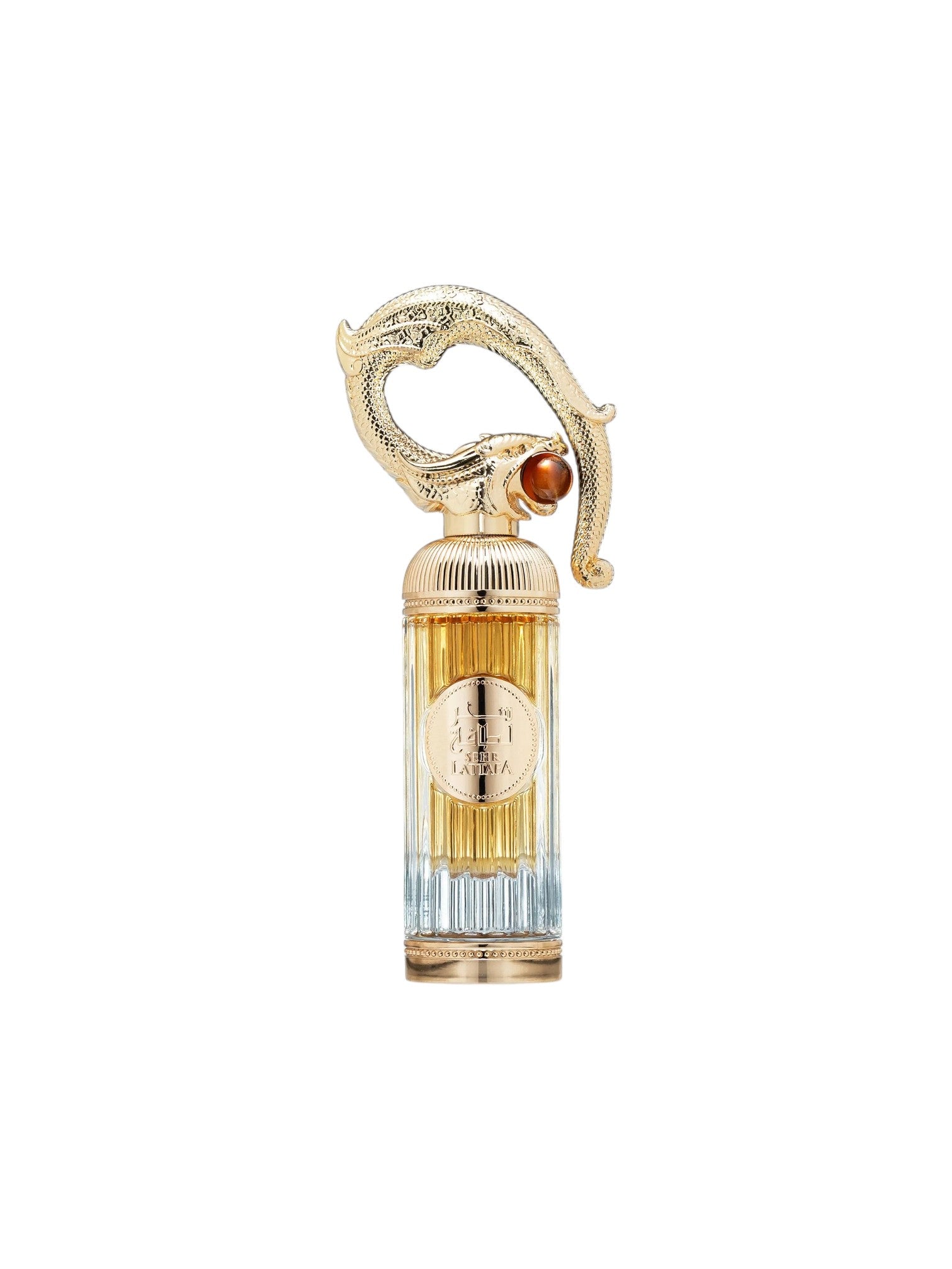 Decorative perfume bottle with gold accents on a white background. Lattafa, Monza Outlet, Monza Fashion, Shein Outlet