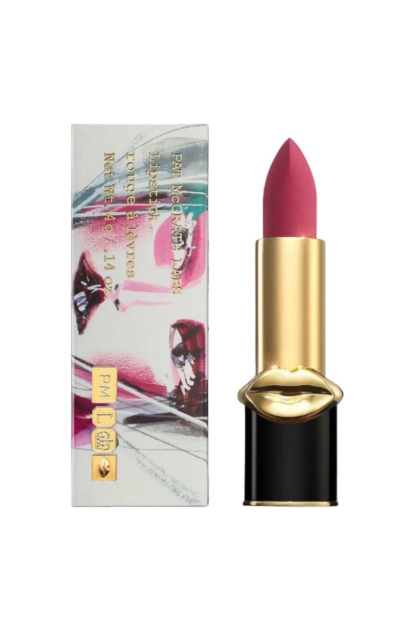 Pat McGrath Labs MatteTrance Lipstick shade Executive Realness, cool-toned raspberry matte lipstick in black and gold packaging with gold lips design. Monza Outlet