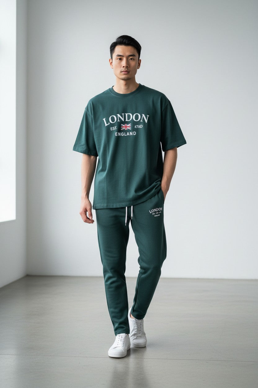 Man wearing a green Londo' t-shirt and pants in a minimalistic room. Antler, Monza Outlet, Monza Fashion, Shein Outlet