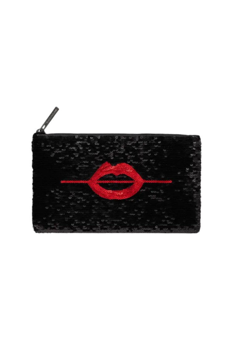 Black textured pouch with red lip design on a white background. Make Up For Ever, Monza Outlet, Monza Fashion, Shein Outlet