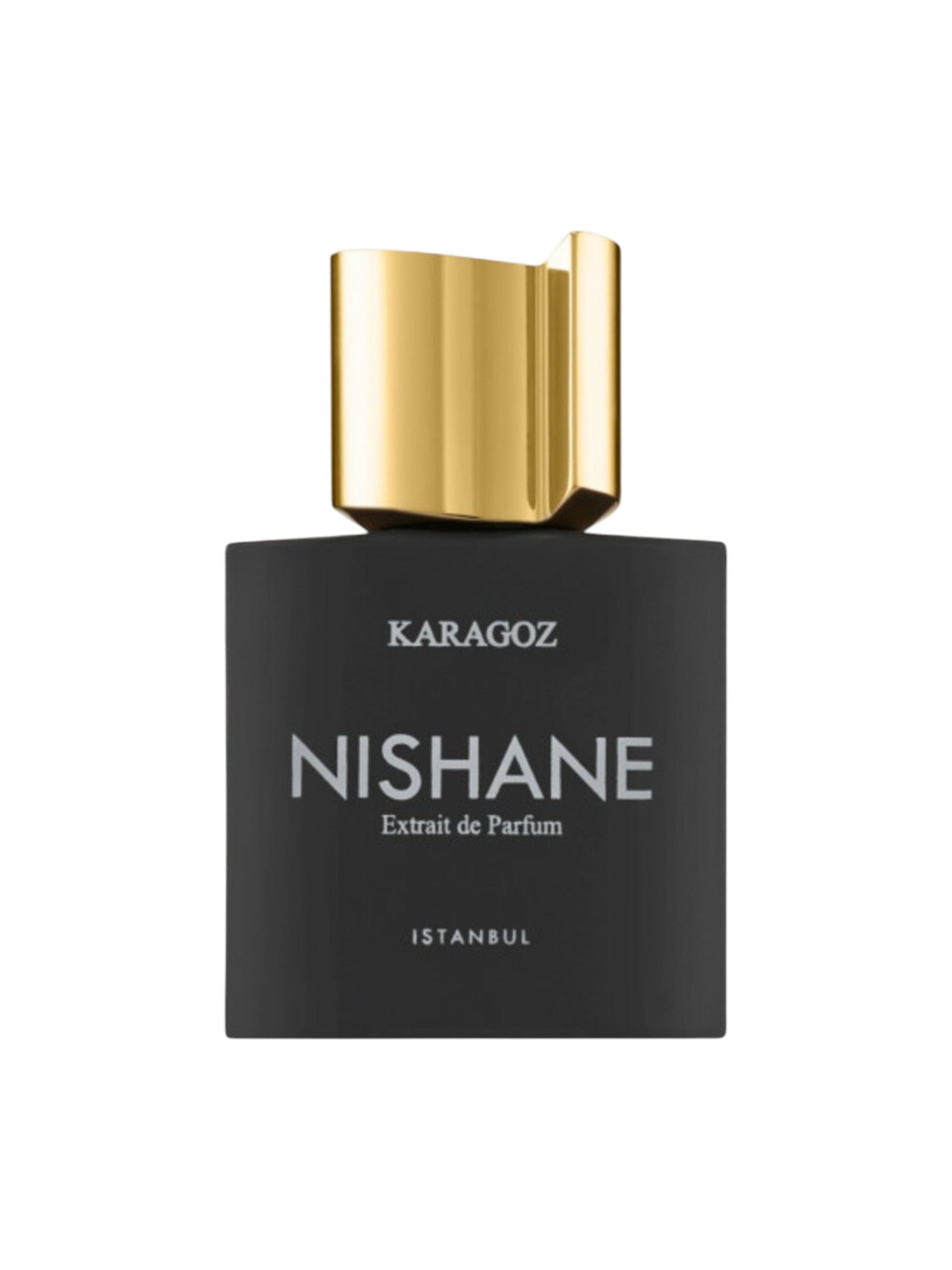 Nishane Karagoz perfume bottle with gold cap on a white background. Nishane, Monza Outlet, Monza Fashion, Shein Outlet
