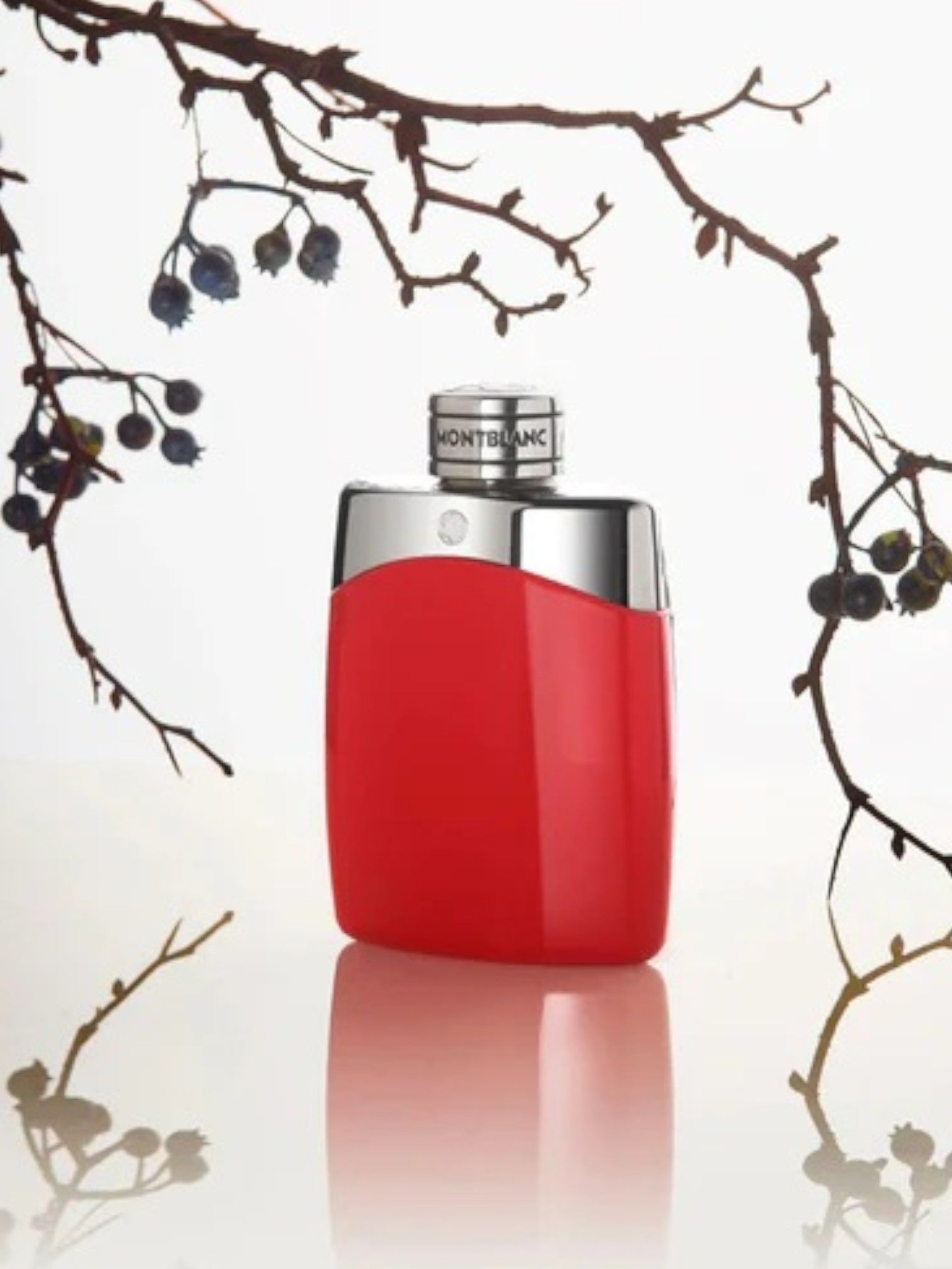 Red Montblanc perfume bottle with silver cap on a light background with branches. monza outlet, Shein outlet, monza fashion