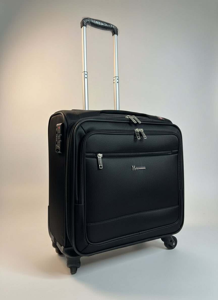 Black suitcase with a visible brand logo on a light gray background. Monza Italy, Monza Outlet, Monza Fashion, Shein Outlet