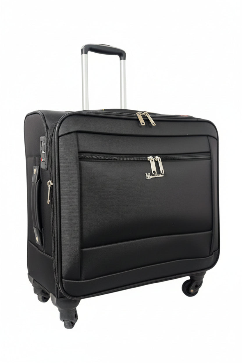 Black suitcase with gold zippers on a white background. Monza Italy, Monza Outlet, Monza Fashion, Shein Outlet