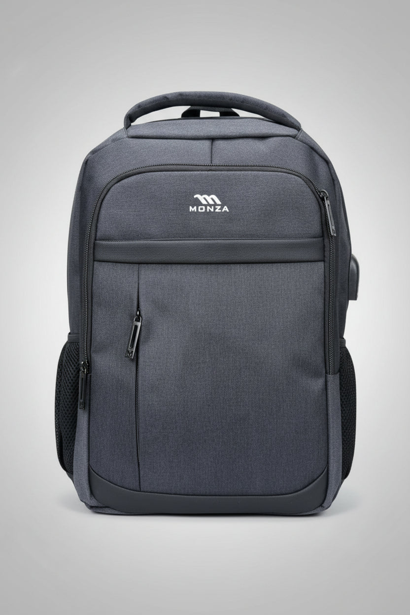 Gray backpack with Monza branding on a light gray background. Monza Italy, Monza Outlet, Monza Fashion, Shein Outlet