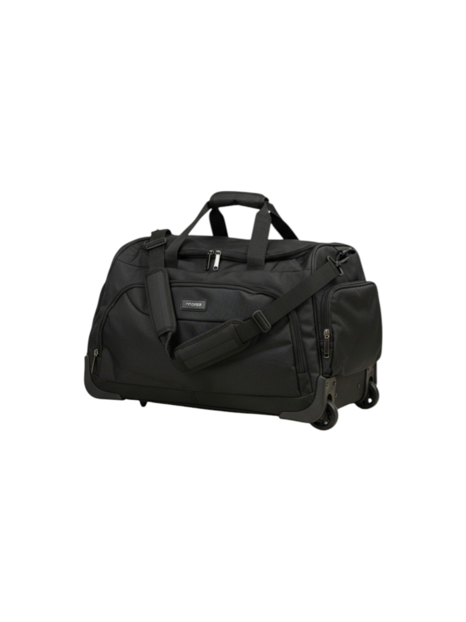 Black rolling duffel bag on a white background. Monza Italy, Monza Outlet, Monza Fashion, Shein Outlet 