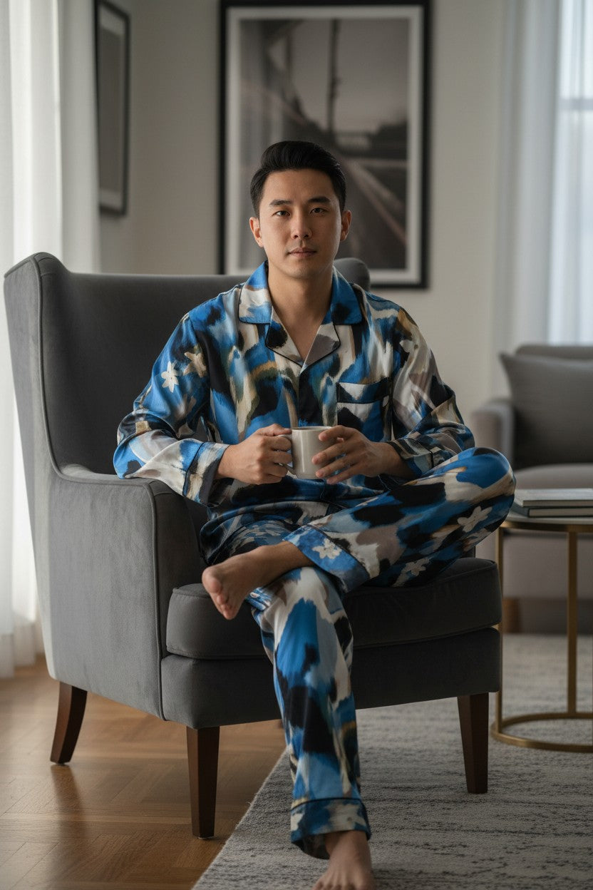 Man in blue and white patterned pajamas sitting on a gray armchair holding a mug. Monza Italy, Monza Outlet, Monza Fashion, Shein Outlet
