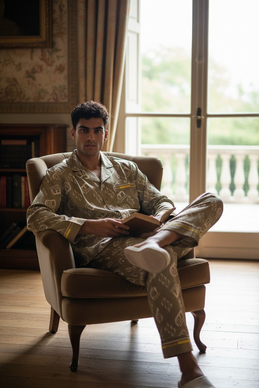 Man in a patterned outfit sitting in a chair reading a book in a room with large windows. Monza Italy, Monza Outlet, Monza Fashion, Shein Outlet