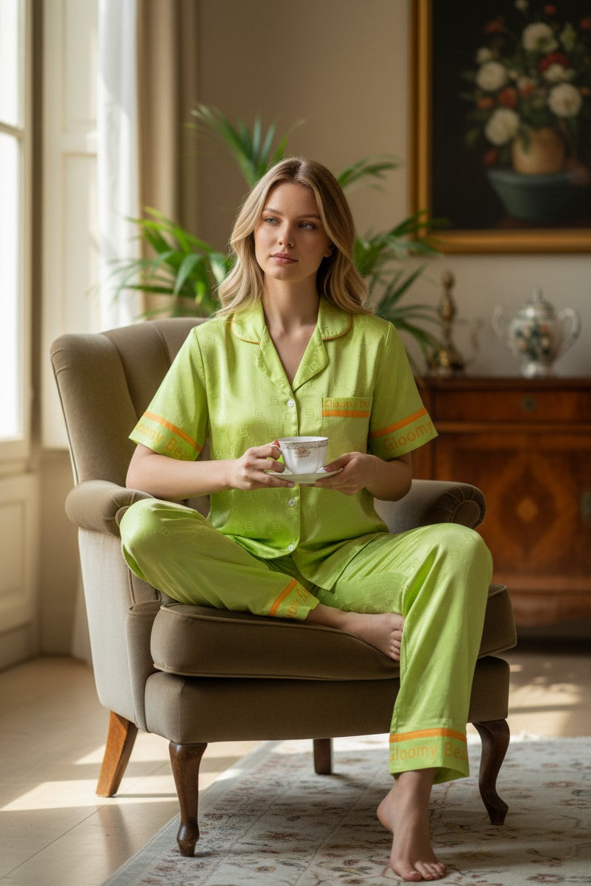 Woman in bright green pajamas sitting on a chair holding a cup in a room with plants and a painting. Monza Italy, Monza Outlet, Monza Fashion, Shein Outlet