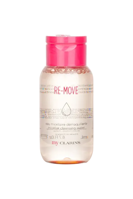 Bottle of Clarins micellar cleansing water with pink cap on a white background. Clarins, Monza Outlet, Monza Fashion, Shein Outlet
