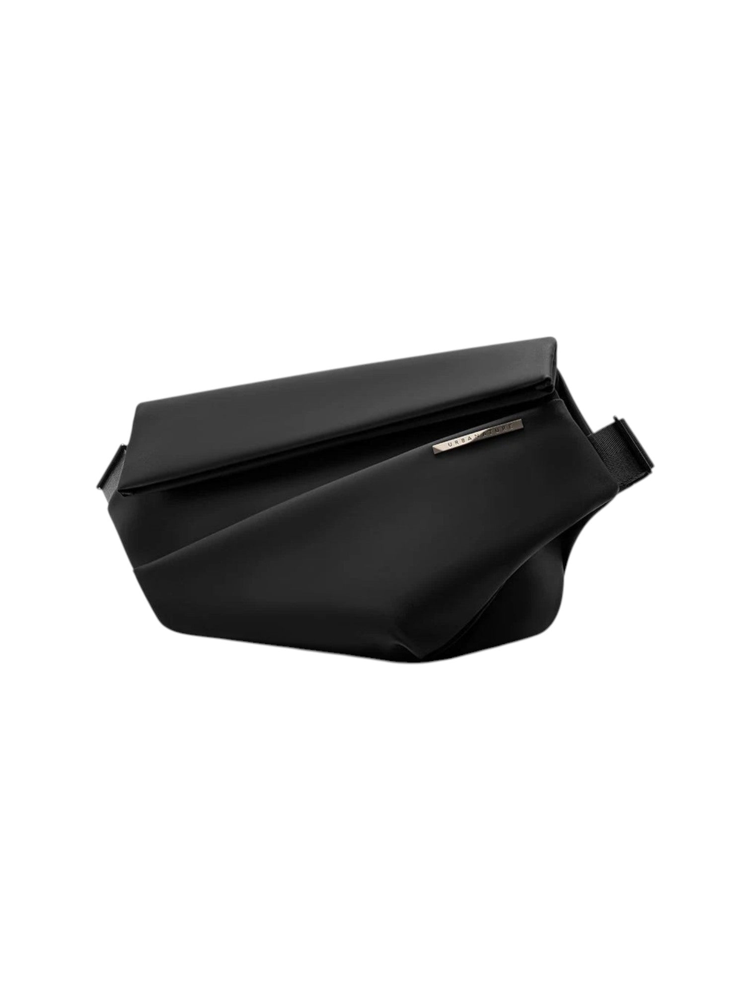A black leather shoulder bag with a unique draped, folded flap design and a small silver-tone metal accent, shown on a plain white background. NIIDR, Monza Outlet, Monza Fashion, Shein Outlet