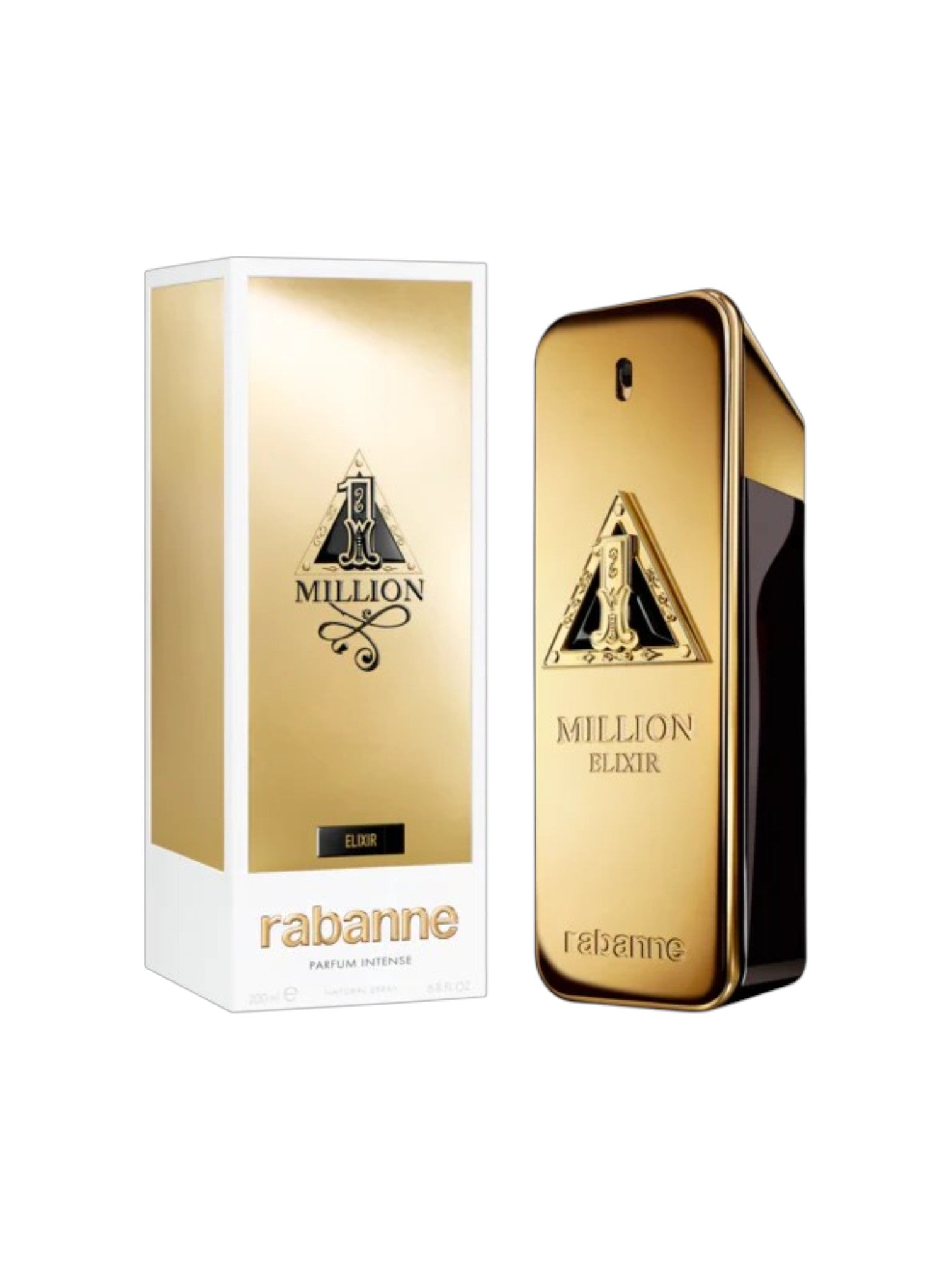 Gold perfume bottle and packaging with rabanne branding on a white background. Paco Rabanne, Monza Outlet, Monza Fashion, Shein Outlet
