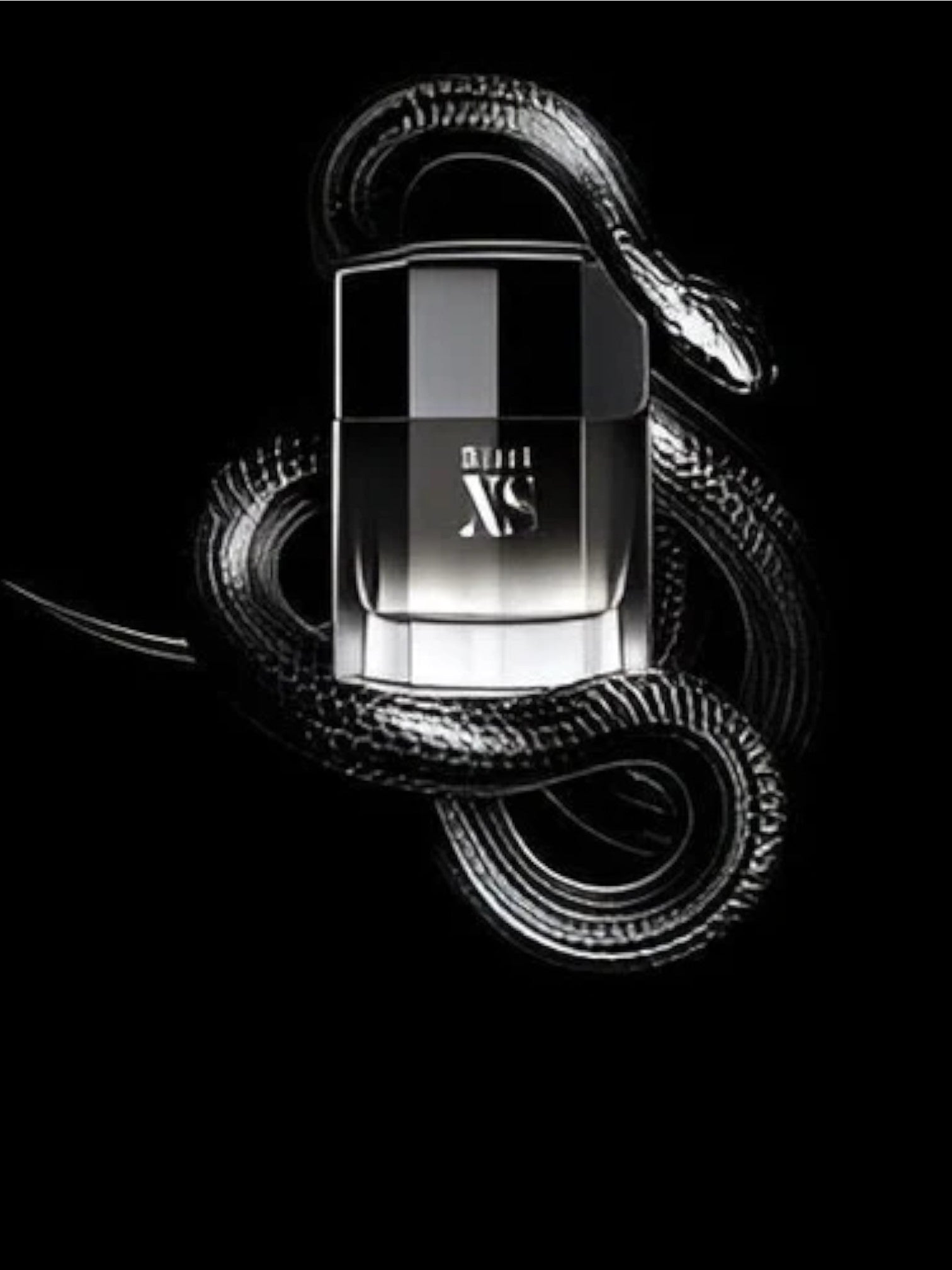 Black and silver bottle of AXS perfume with a snake design on a black background. Paco Rabanne, Monza Outlet, Monza Fashion, Shein Outlet