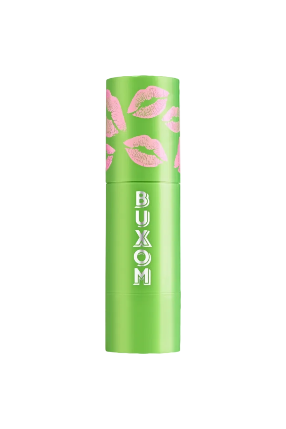 Green Buxom lip balm container with pink lip prints on a white background Monza Outlet