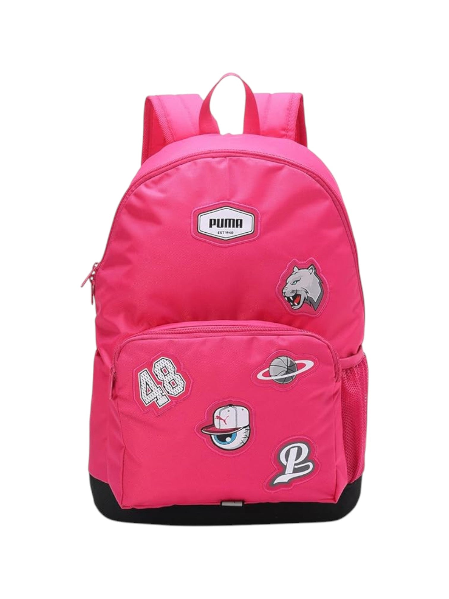 Pink backpack with various patches on a white background. Puma, Monza Outlet, Monza Fashion, Shein Outlet