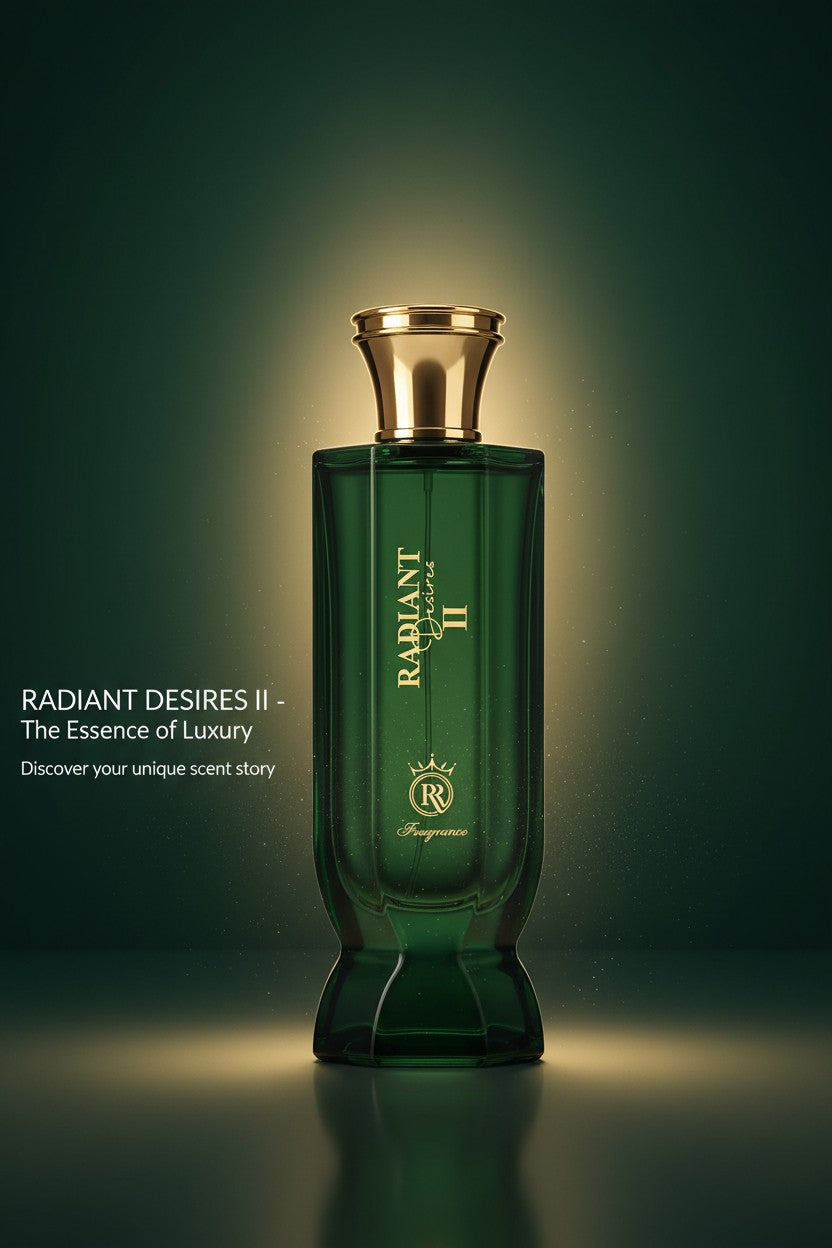 Green perfume bottle with gold cap on a dark green background. Radiant, Monza Outlet, Monza Fashion, Shein Outlet