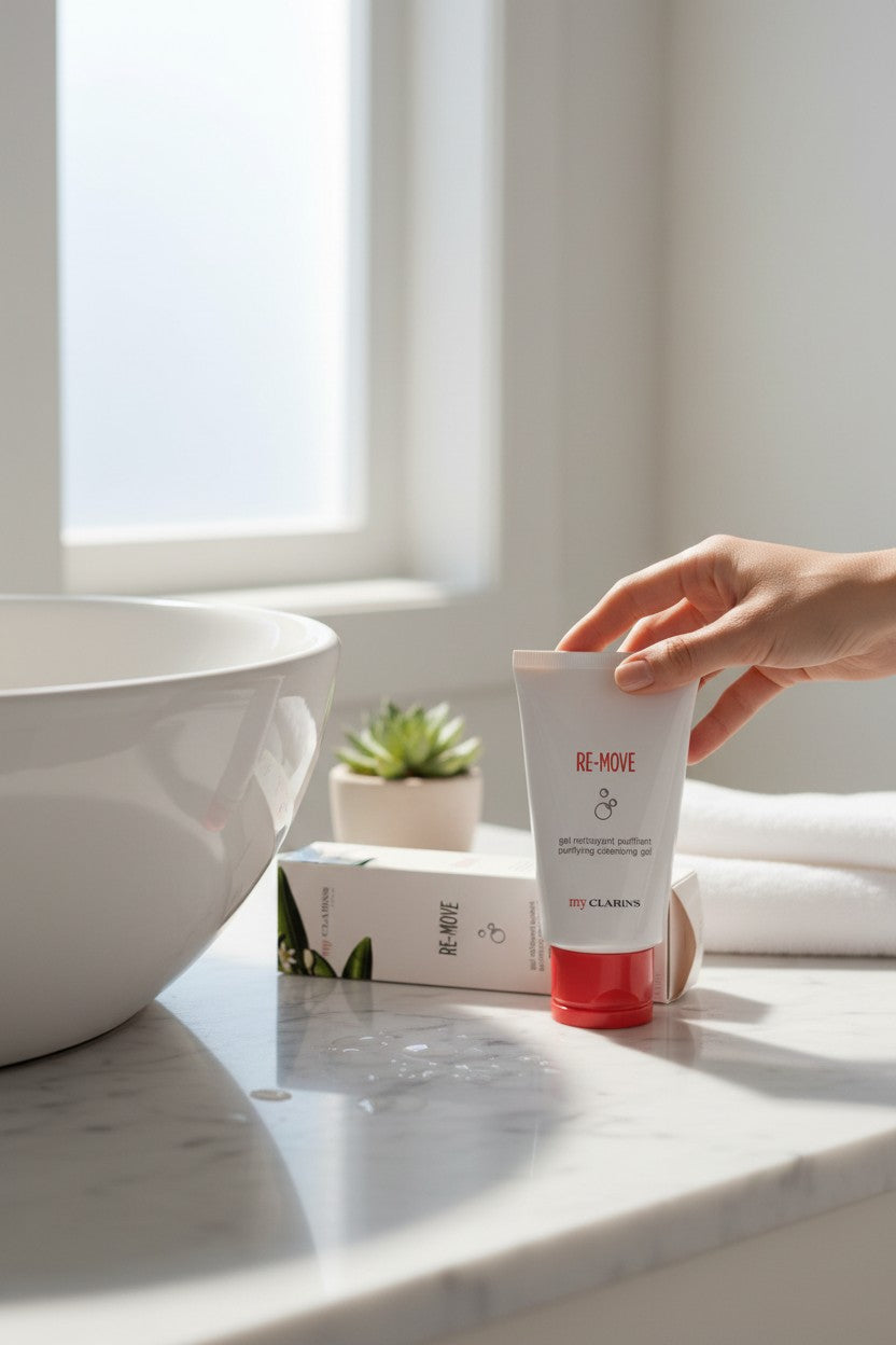 Hand holding a skincare product labeled 'Be More' on a marble surface with a bowl and plant in the background. Clarins, Monza Outlet, Monza Fashion, Shein Outlet