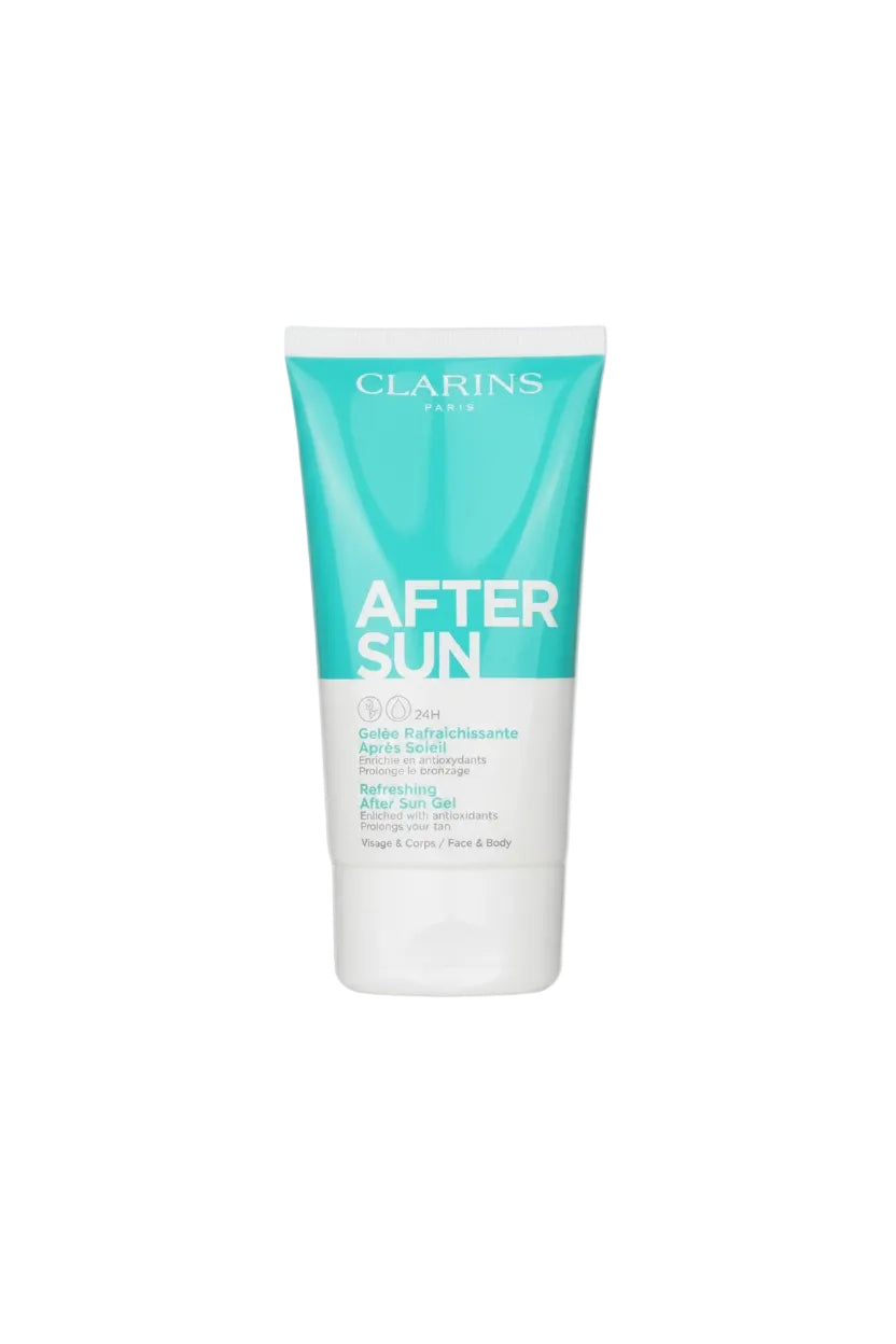 Clarins after sun lotion tube on a white background. Clarins, Monza Outlet, Monza Fashion, Shein Outlet