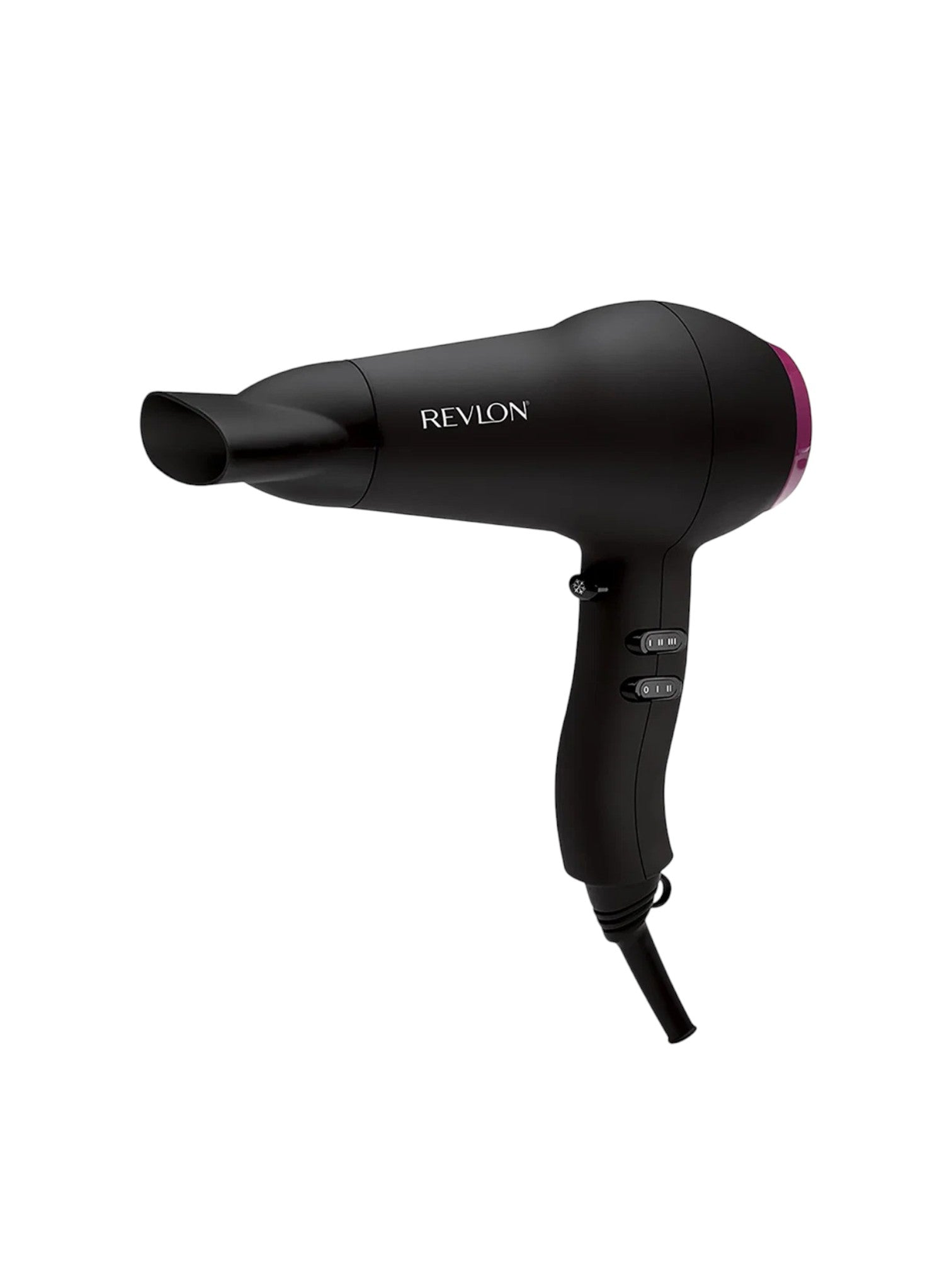 A Revlon hair dryer in matte black with a pink accent on the nozzle tip, shown with a concentrator nozzle attachment against a plain white background. Revlon, Monza Outlet, Monza Fashion, Shein Outlet
