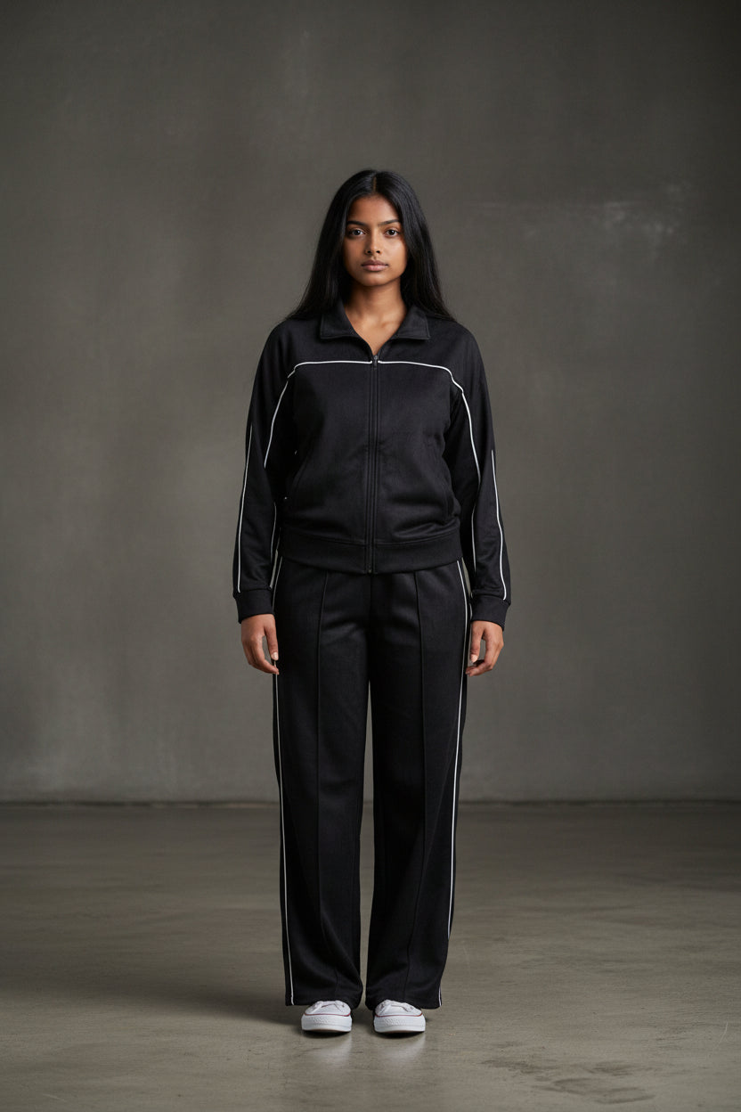 Person wearing a black tracksuit with white stripes against a gray background. Roncato, Monza Outlet, Monza Fashion, Shein Outlet