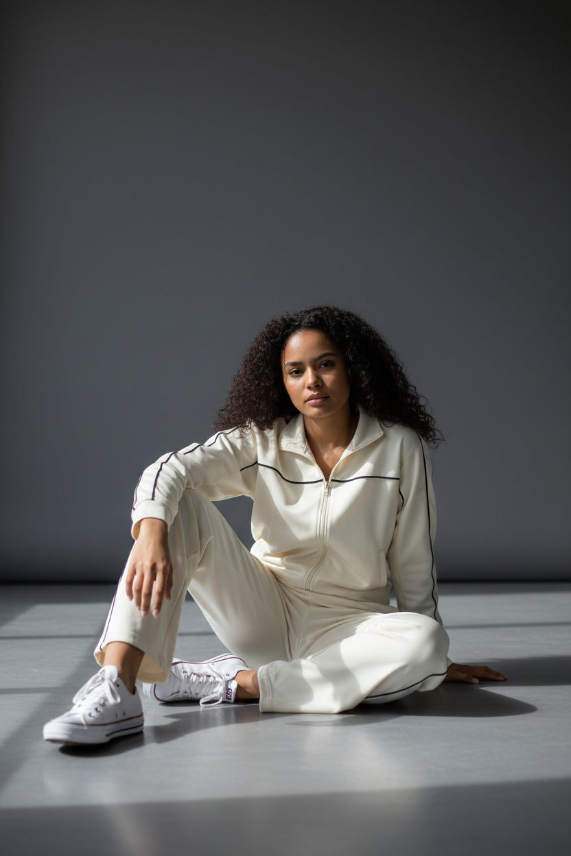 Woman in a white tracksuit sitting on a gray floor with a gray background. Roncato, Monza Outlet, Monza Fashion, Shein Outlet