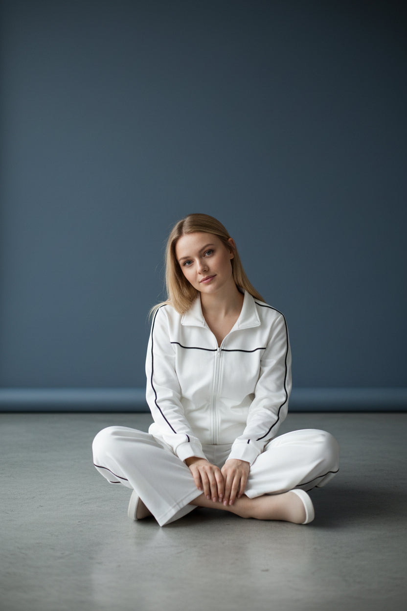 Woman in white pajamas sitting on the floor against a gray wall. Roncato, Monza Outlet, Monza Fashion, Shein Outlet