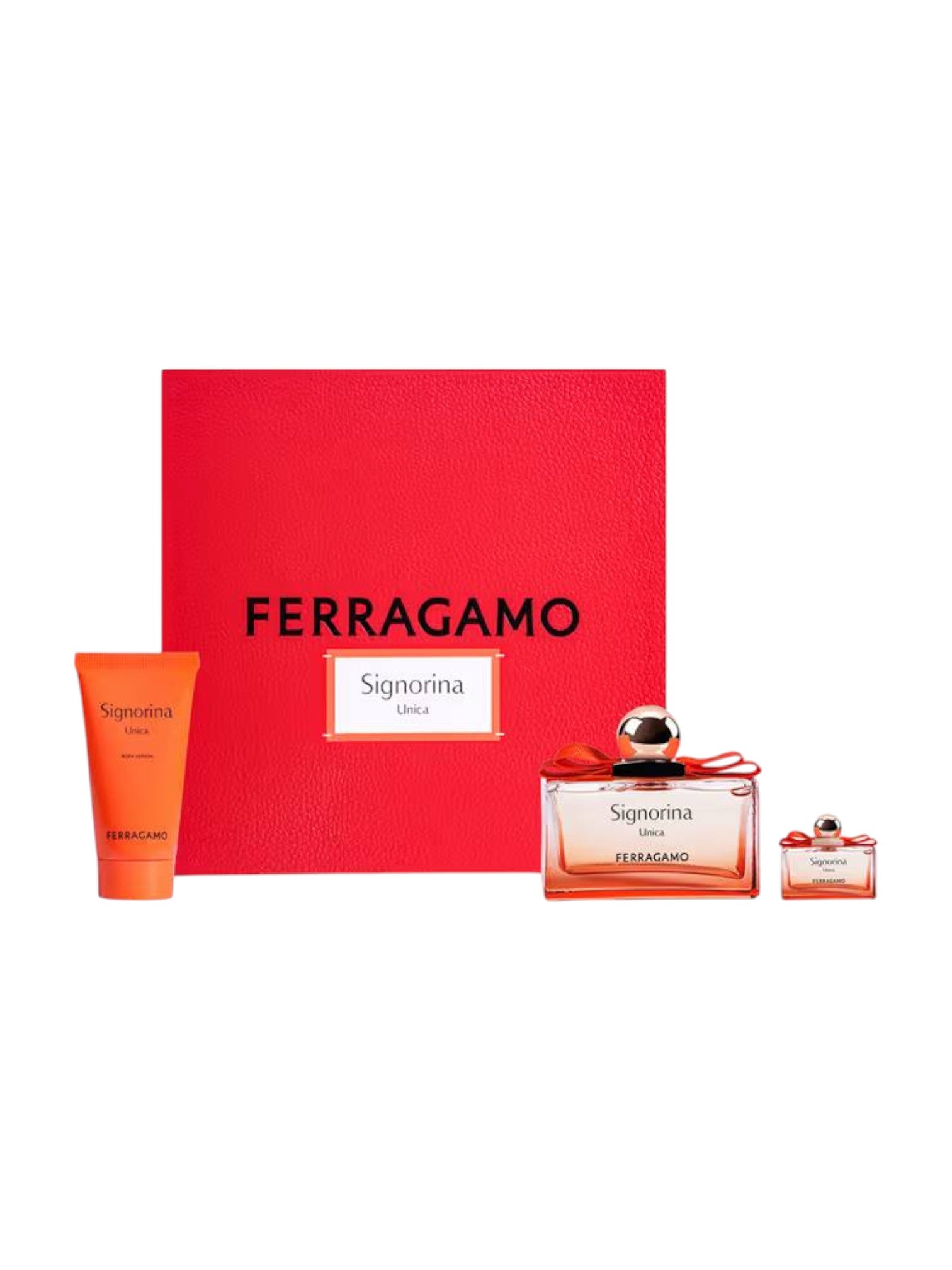 Ferragamo perfume set with red box, bottle, and tube on a white background. Ferragamo, Monza Outlet, Monza Fashion, Shein Outlet