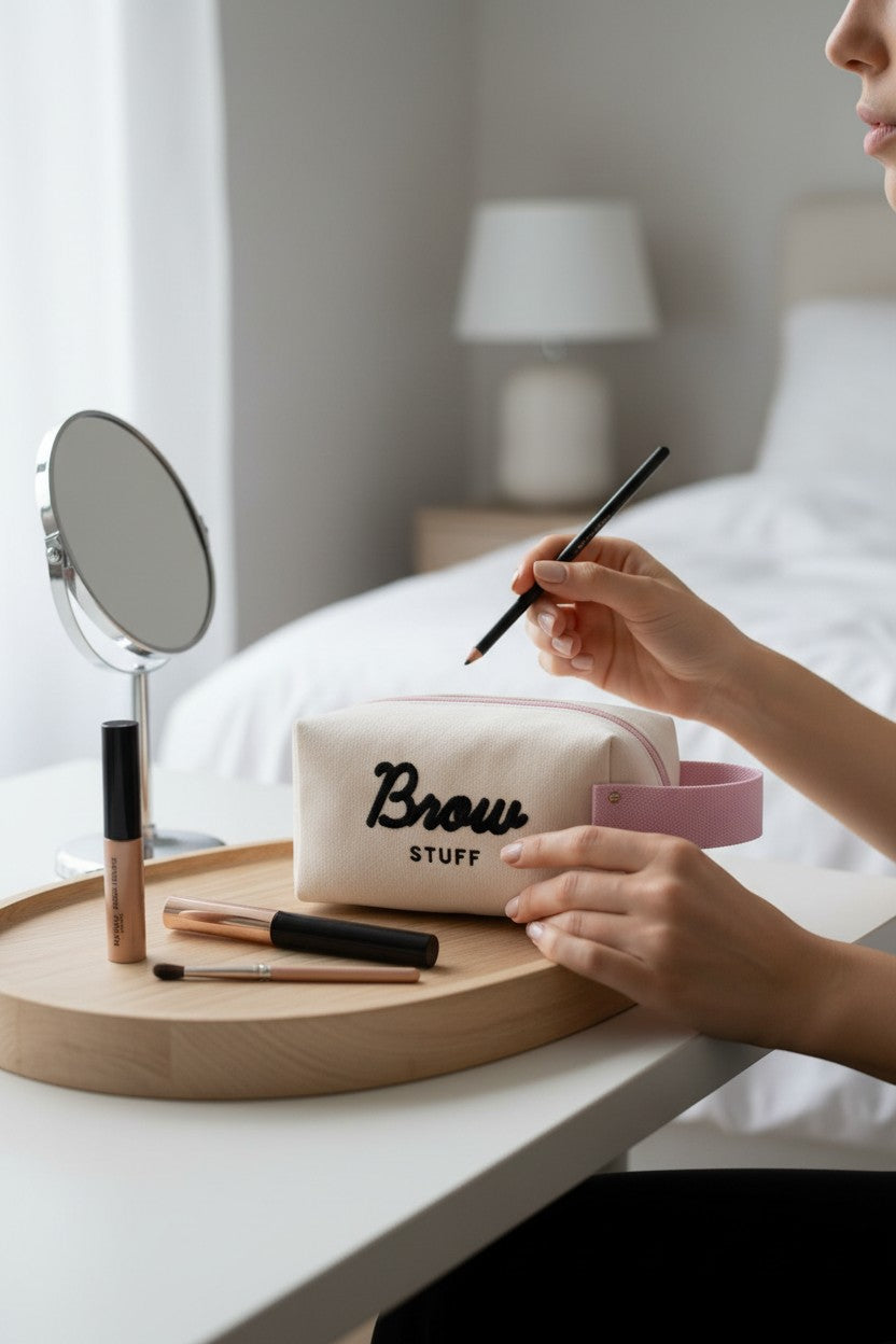 Person holding a brow pencil with a makeup bag labeled 'Brow Stuff' on a tray. Benefit, Monza Outlet, Monza Fashion, Shein Outlet
