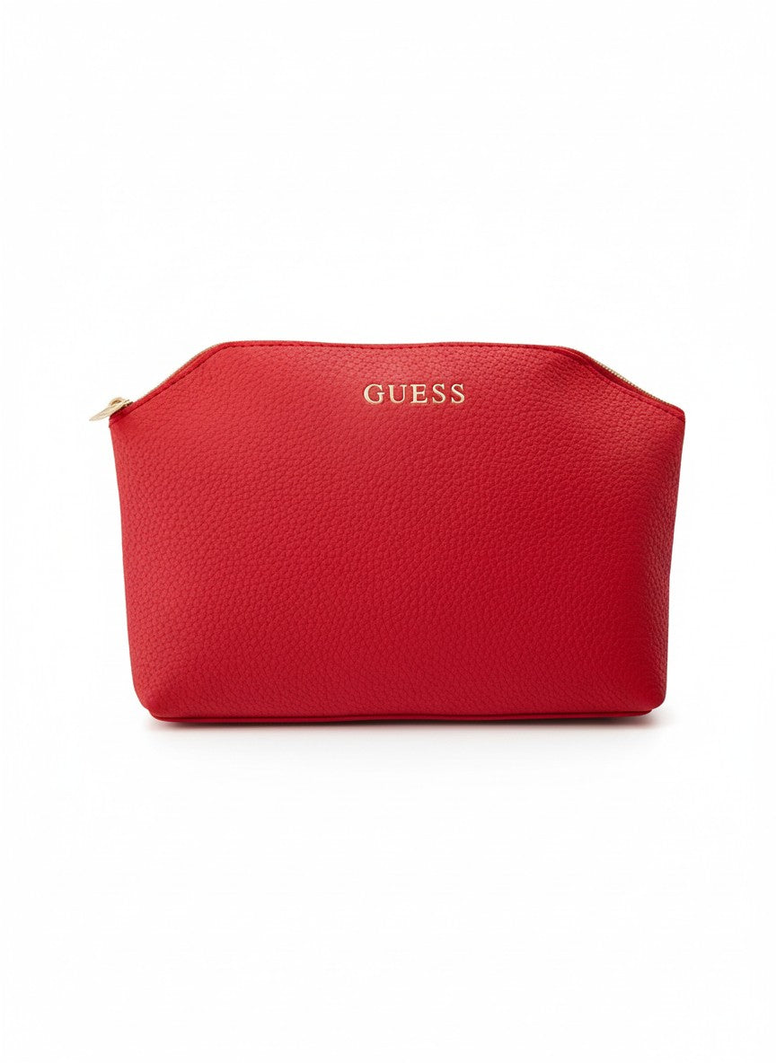 Red cosmetic bag with 'GUESS' branding on a white background. Guess, Monza Outlet, Monza Fashion, Shein Outlet 