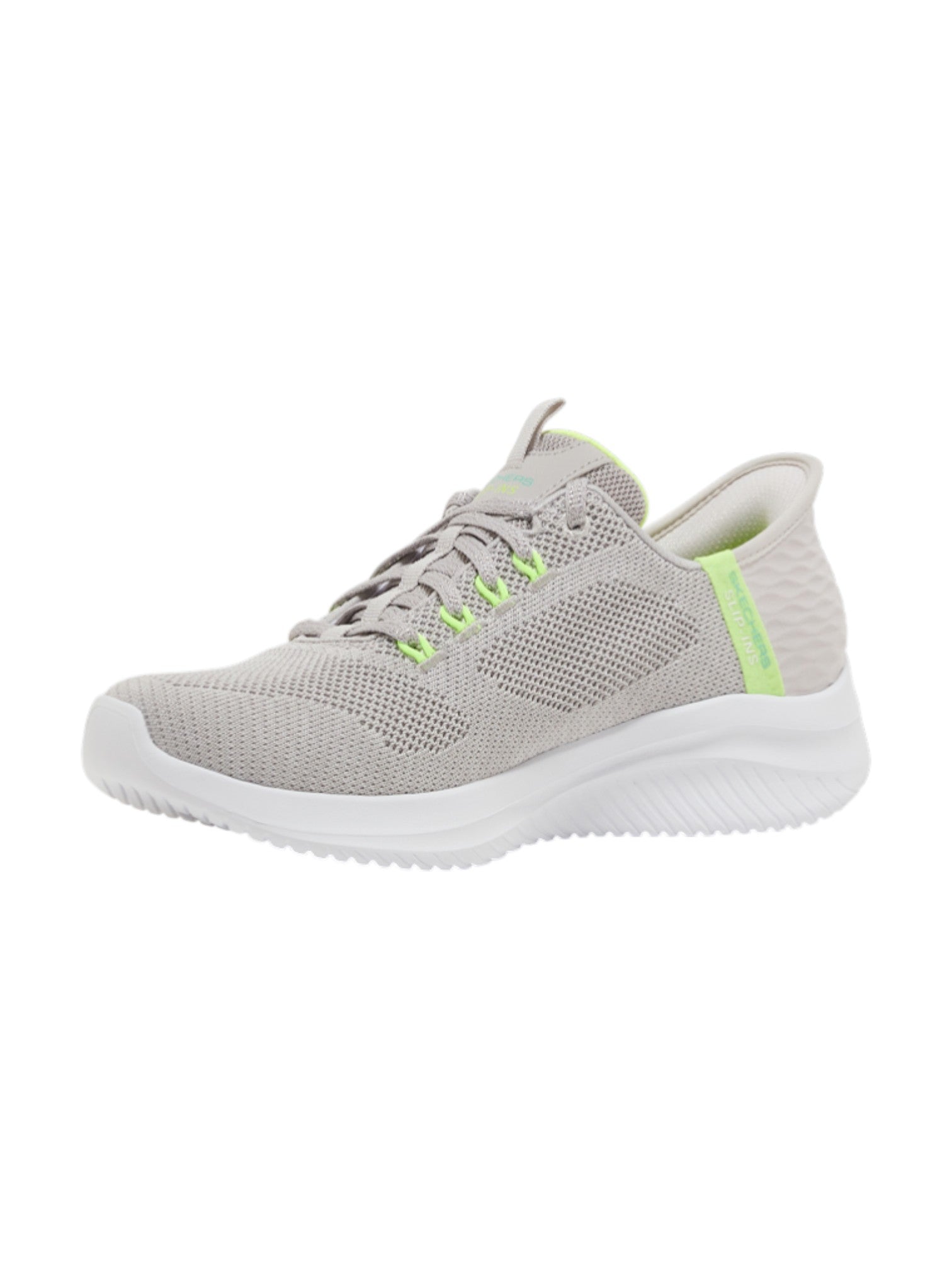 Gray athletic shoe with neon green accents on a white background. Skechers, Monza Outlet, Monza Fashion, Shein Outlet