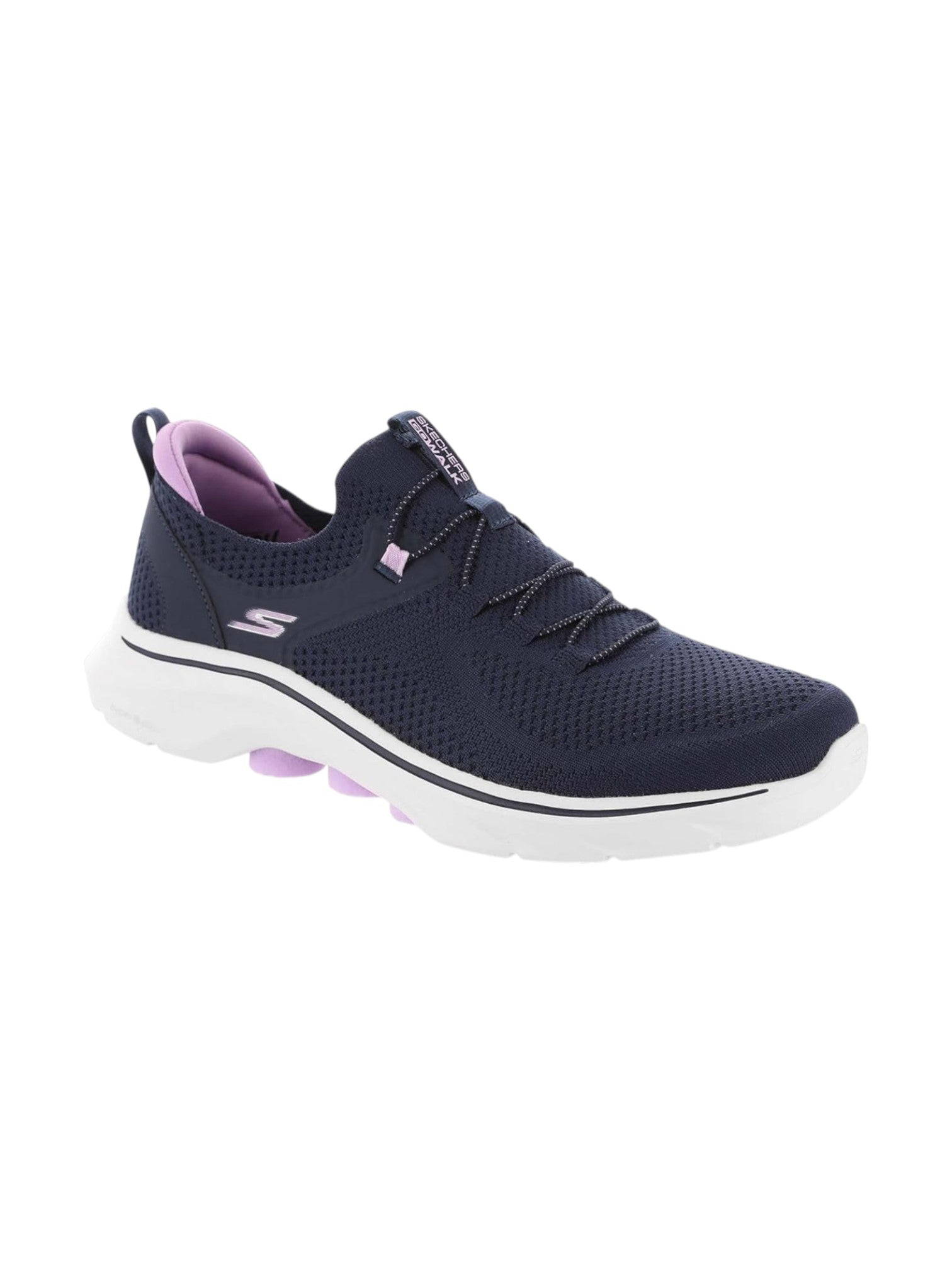 Navy running shoe with white sole on a white background. Skechers, Monza Outlet, Monza Fashion, Shein Outlet