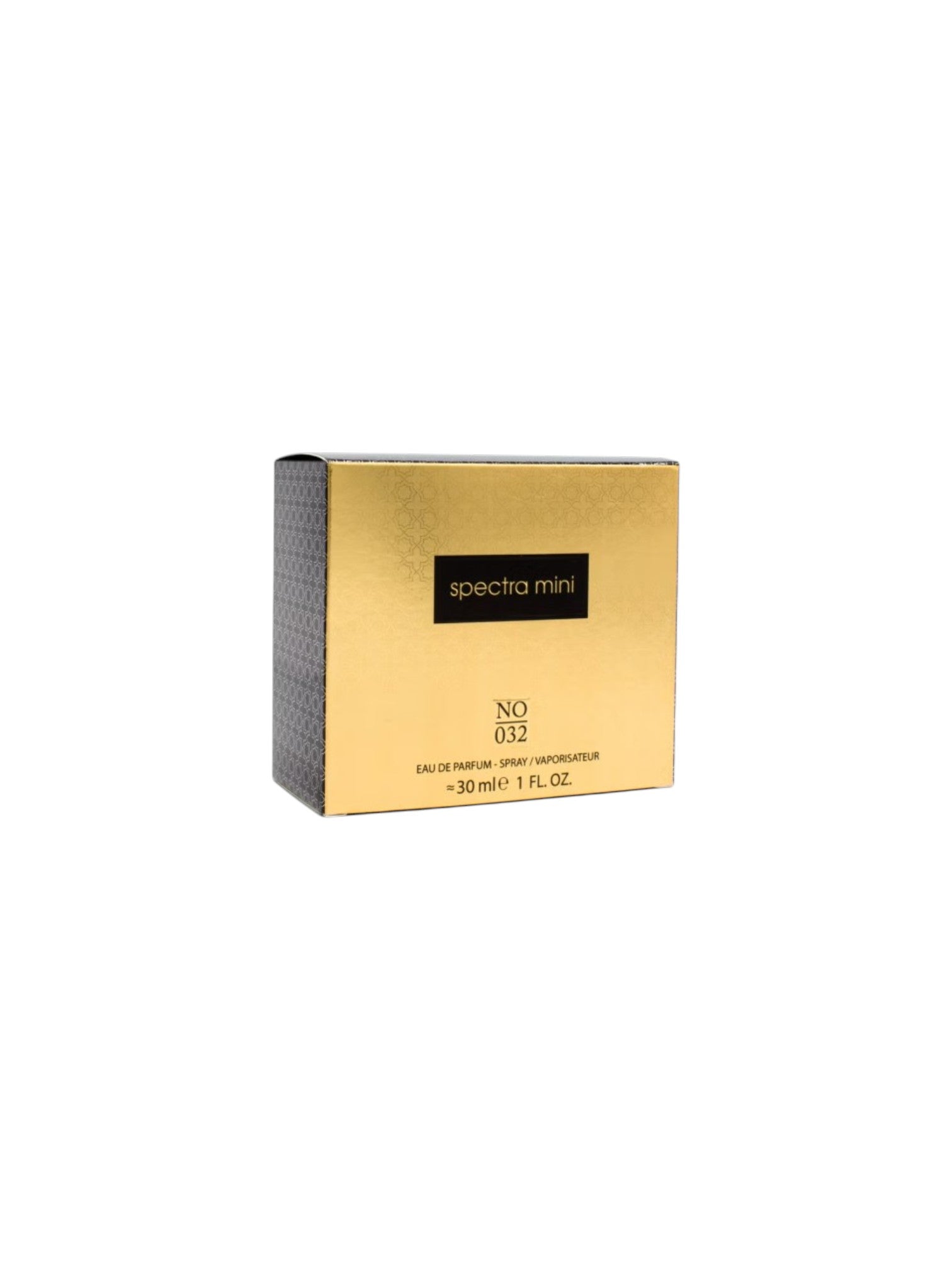 Gold and black perfume box with spectra mini branding on a white background. Spectra, Monza Outlet, Monza Fashion, Shein Outlet