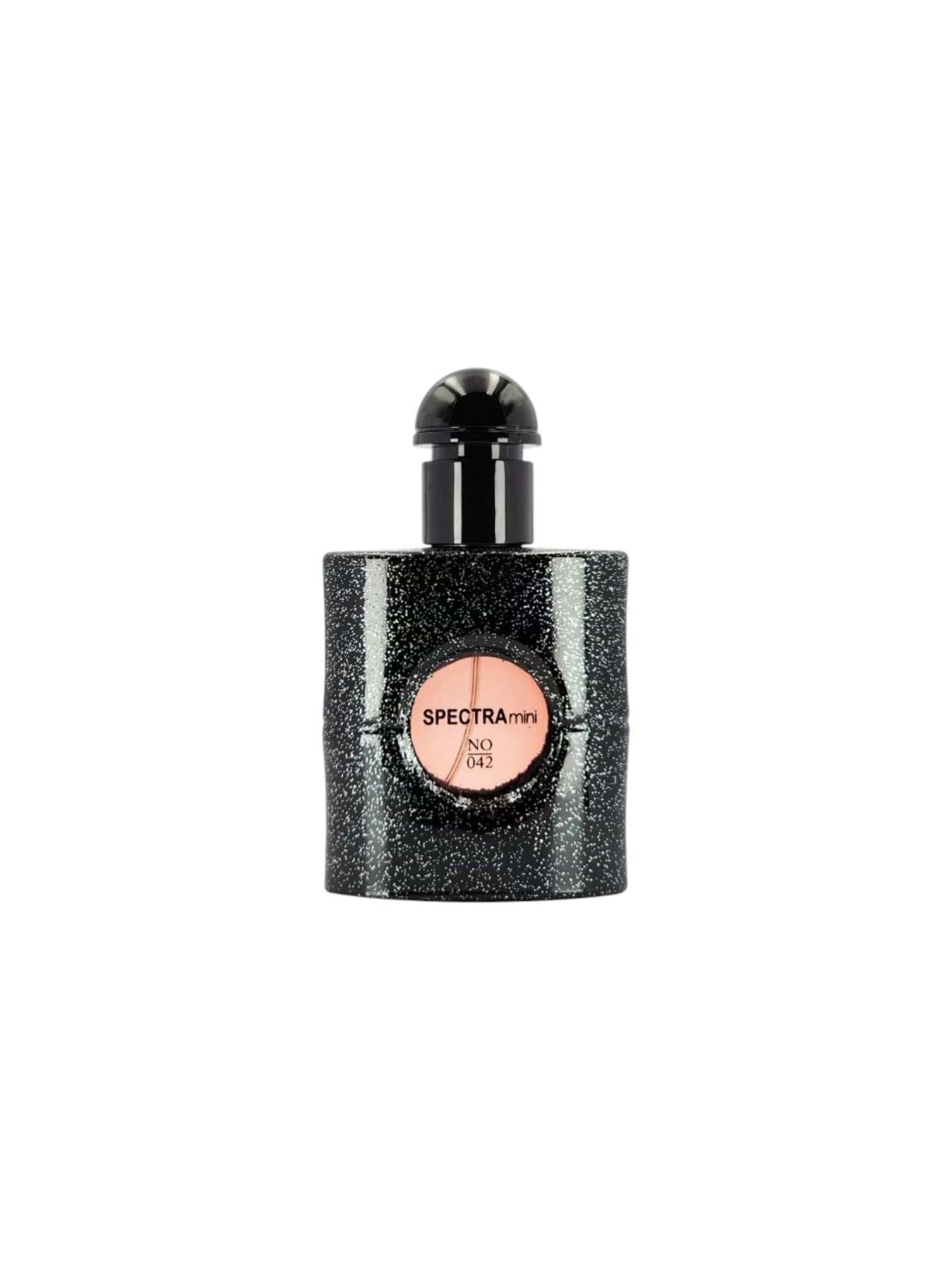 Perfume bottle with black cap and glittery body on a white background. Spectra, Monza Outlet, Monza Fashion, Shein Outlet