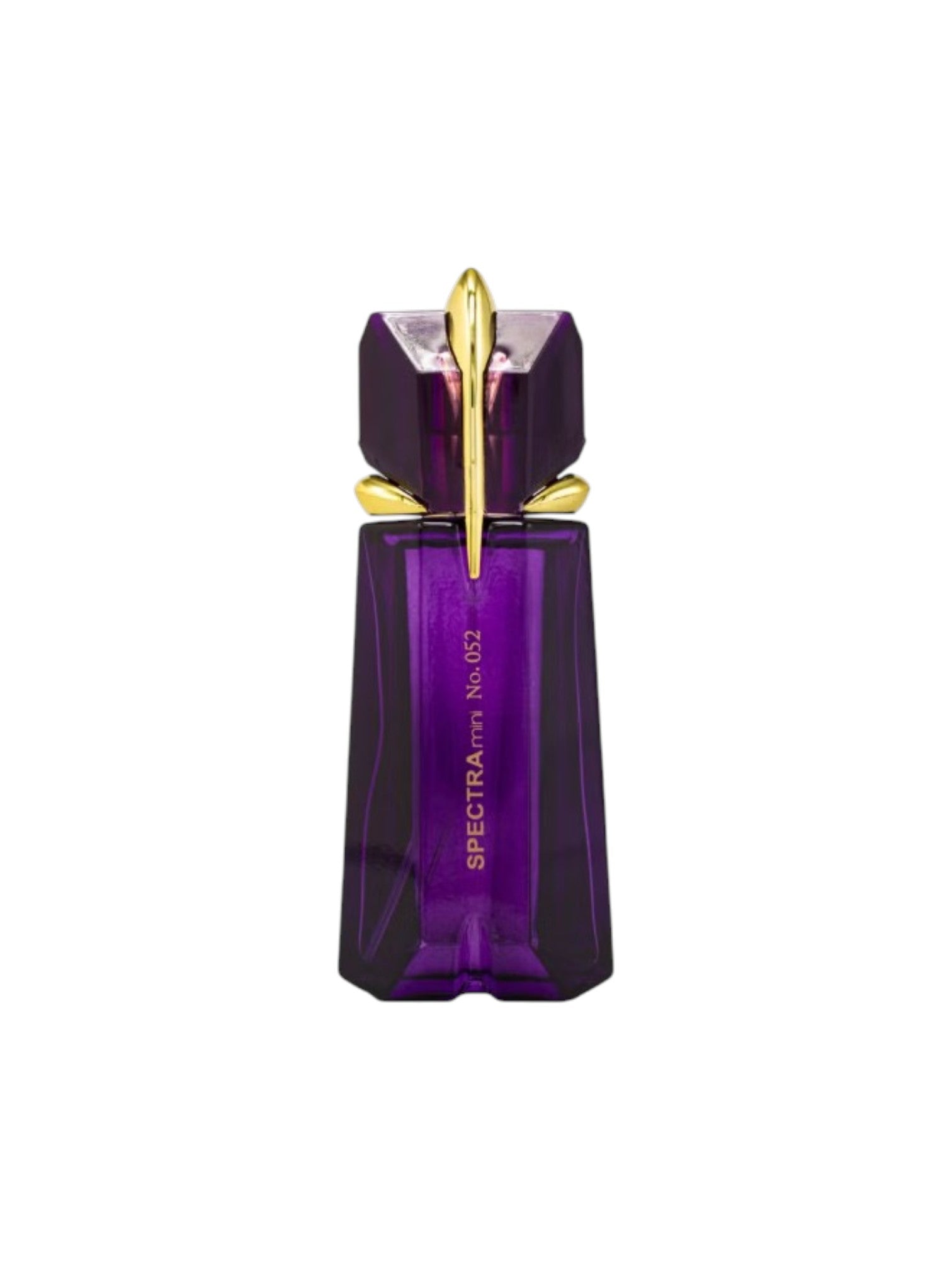 Purple perfume bottle with gold accents on a white background. Spectra, Monza Outlet, Monza Fashion, Shein Outlet