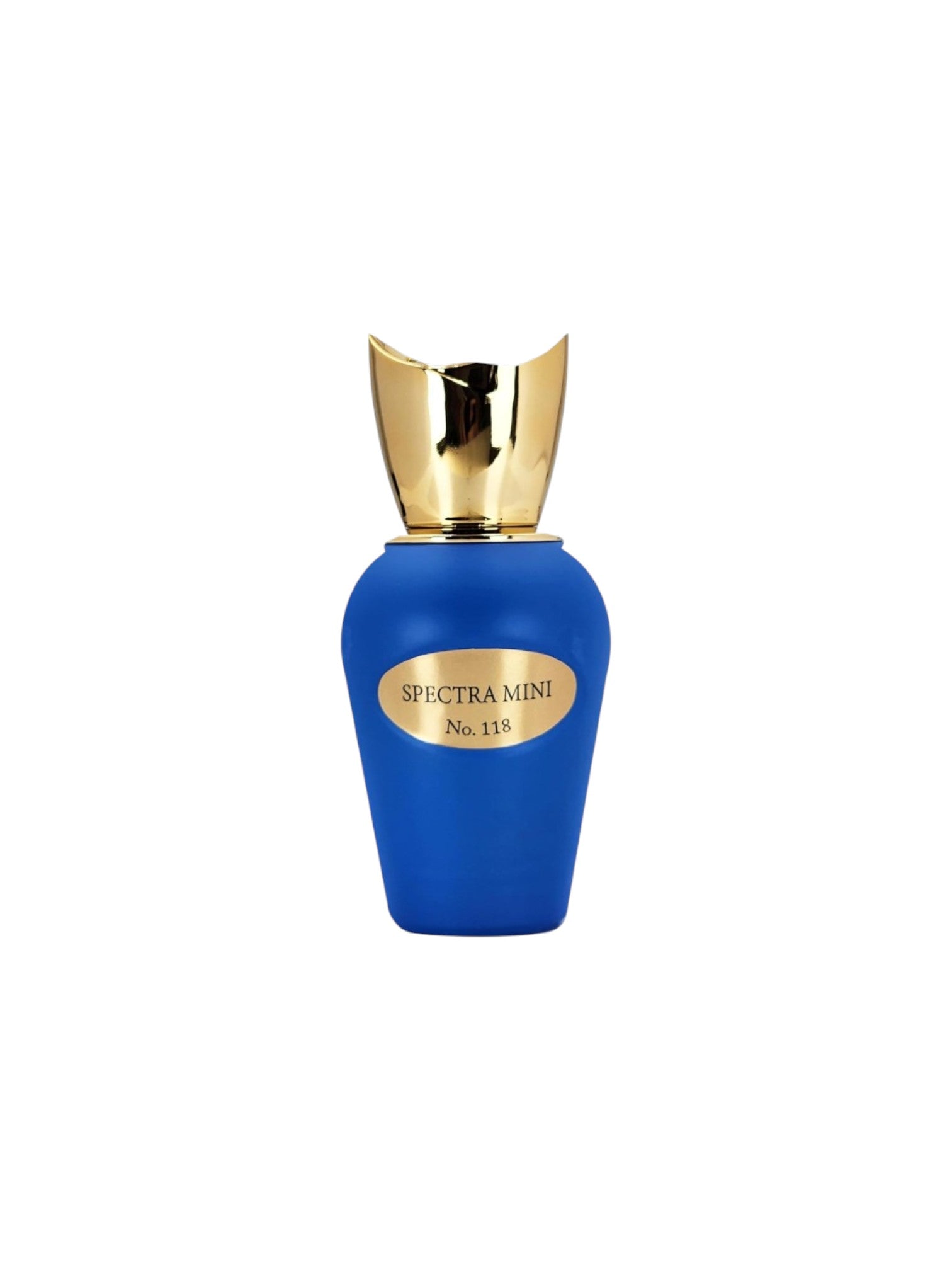Blue perfume bottle with gold cap and label on a white background. Spectra Mini, Monza Outlet, Monza Fashion, Shein Outlet