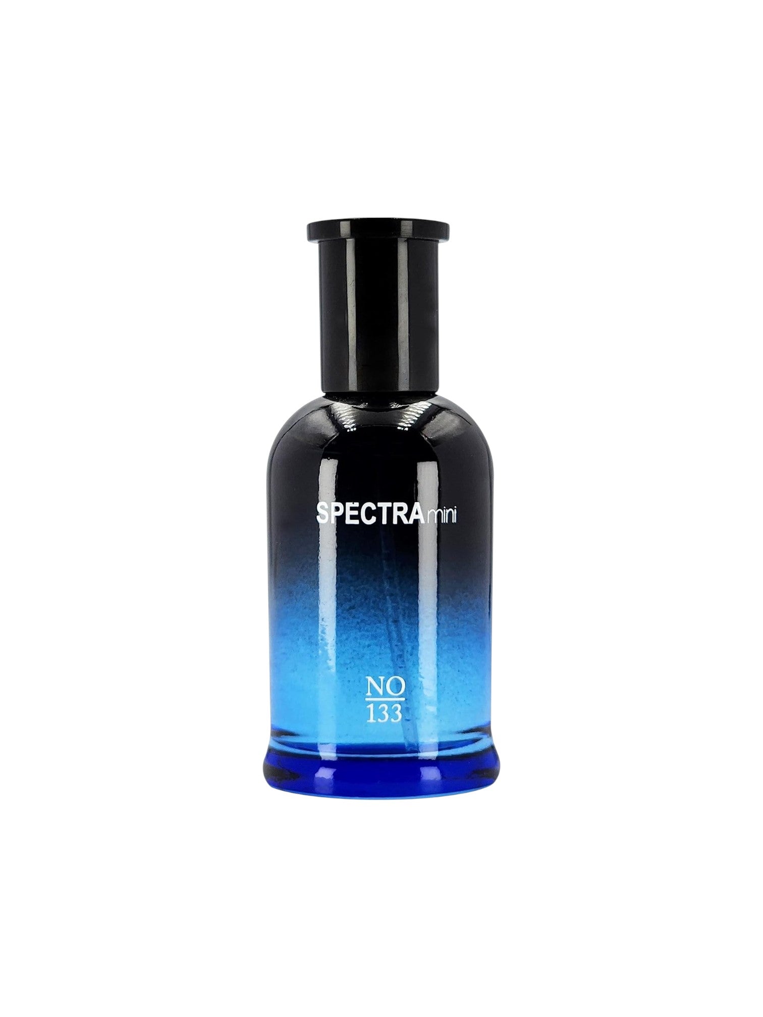A bottle of Spectra No. 133 fragrance with a black cap and a gradient blue-to-black glass body, shown on a plain white background. Spectra Mini, Monza Outlet, Monza Fashion, Shein Outlet