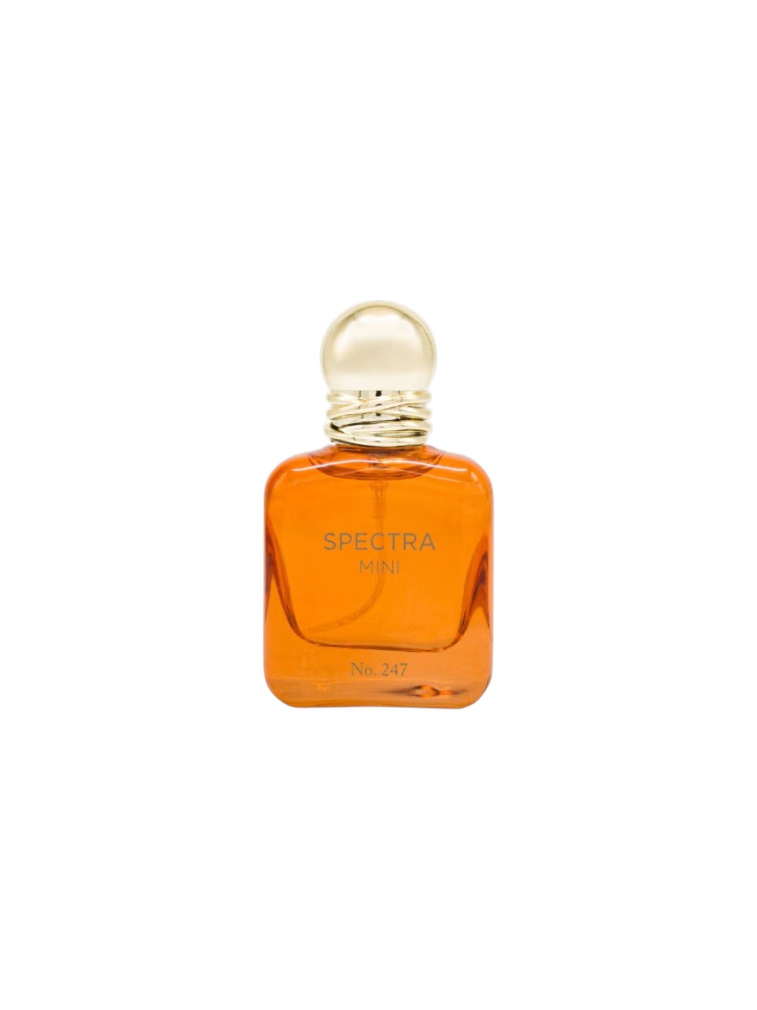 Orange perfume bottle with gold cap on a white background. Spectra, Monza Outlet, Monza Fashion, Shein Outlet