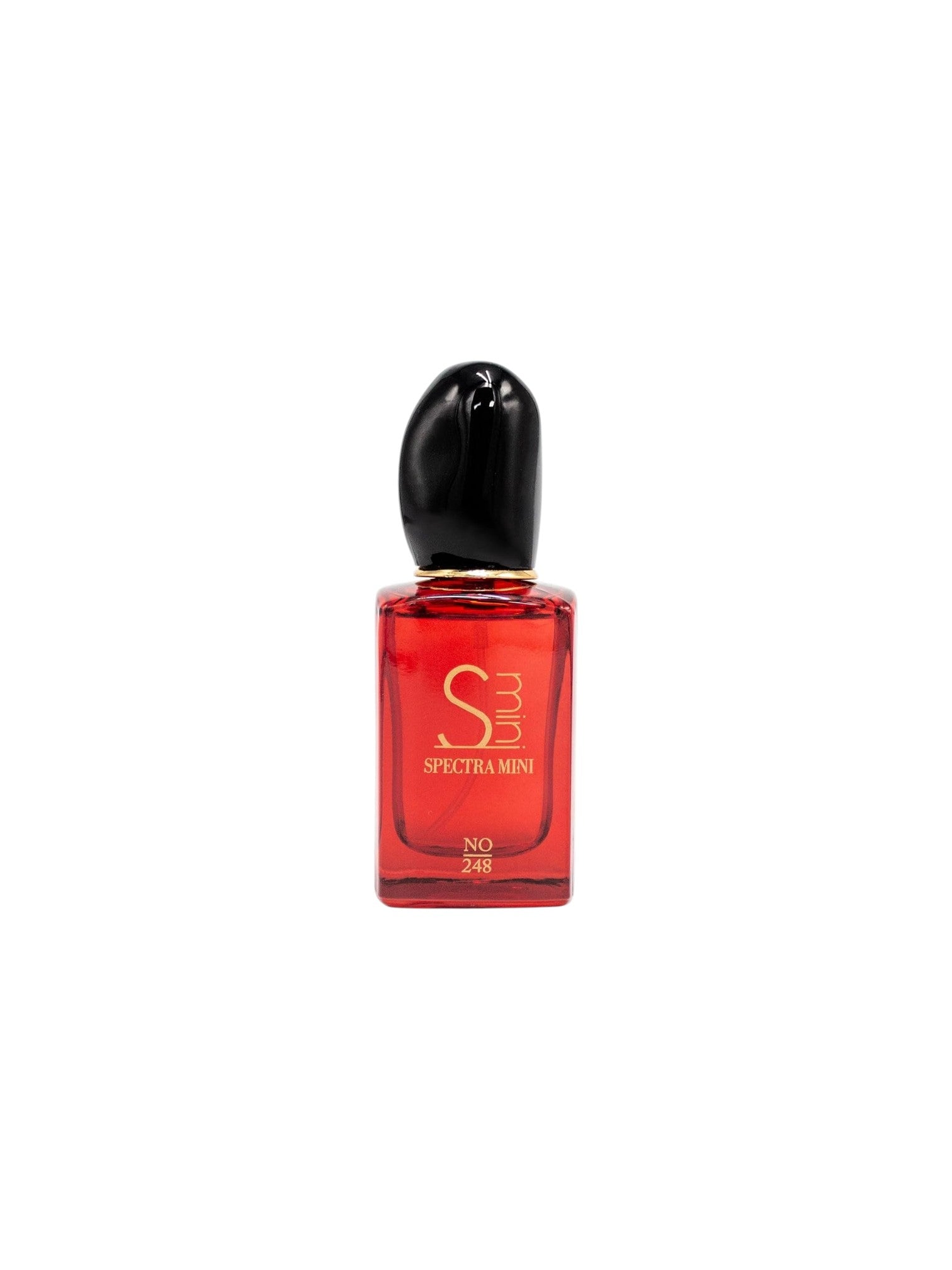 Red perfume bottle with black cap on a white background. Spectra Mini, Monza Outlet, Monza Fashion, Shein Outlet