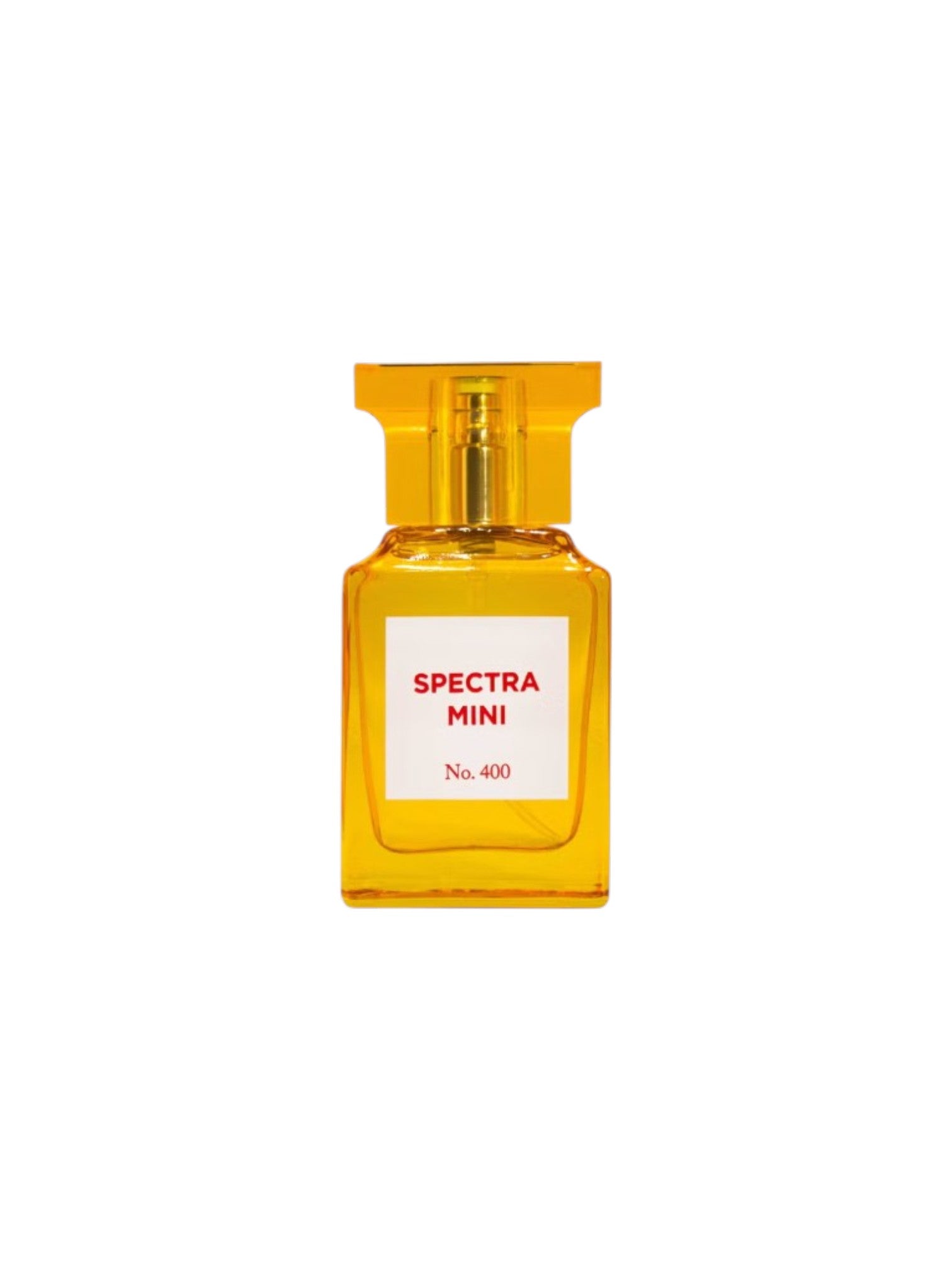 Yellow perfume bottle with a white label on a white background. Spectra, Monza Outlet, Monza Fashion, Shein Outlet
