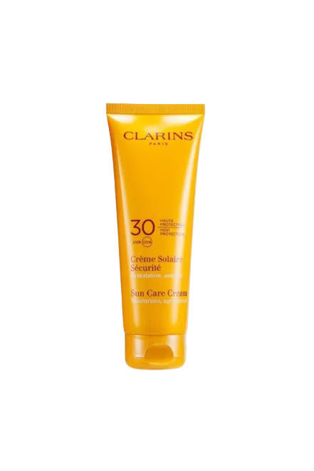 Clarins sun care cream tube on a white background. Clarins, Monza Outlet, Monza Fashion, Shein Outlet