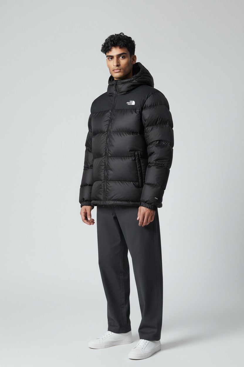 Person wearing a black puffer jacket on a light gray background. The North Face, Monza Outlet, Monza Fashion, Shein Outlet
