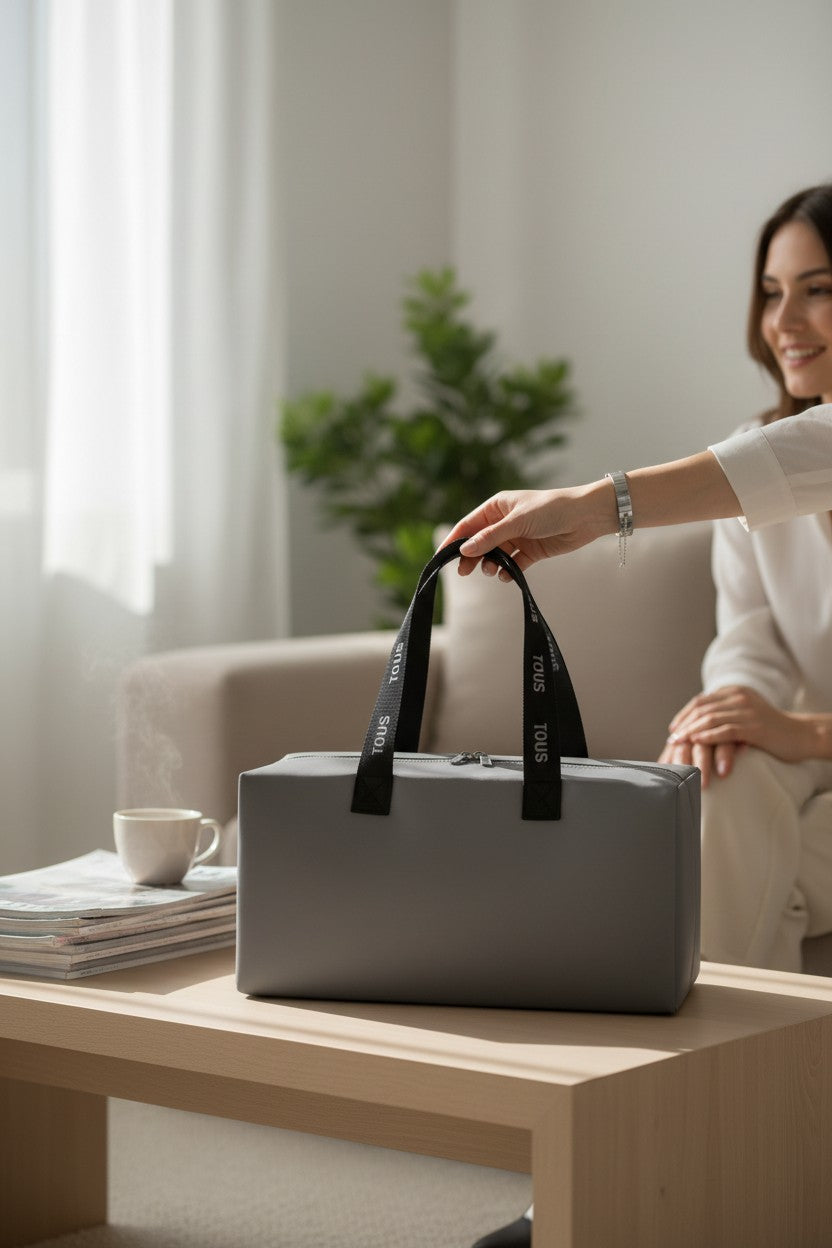 Person holding a gray bag with a black strap on a wooden table in a room with a couch and plant. Tous, Monza Outlet, Monza Fashion, Shein Outlet 