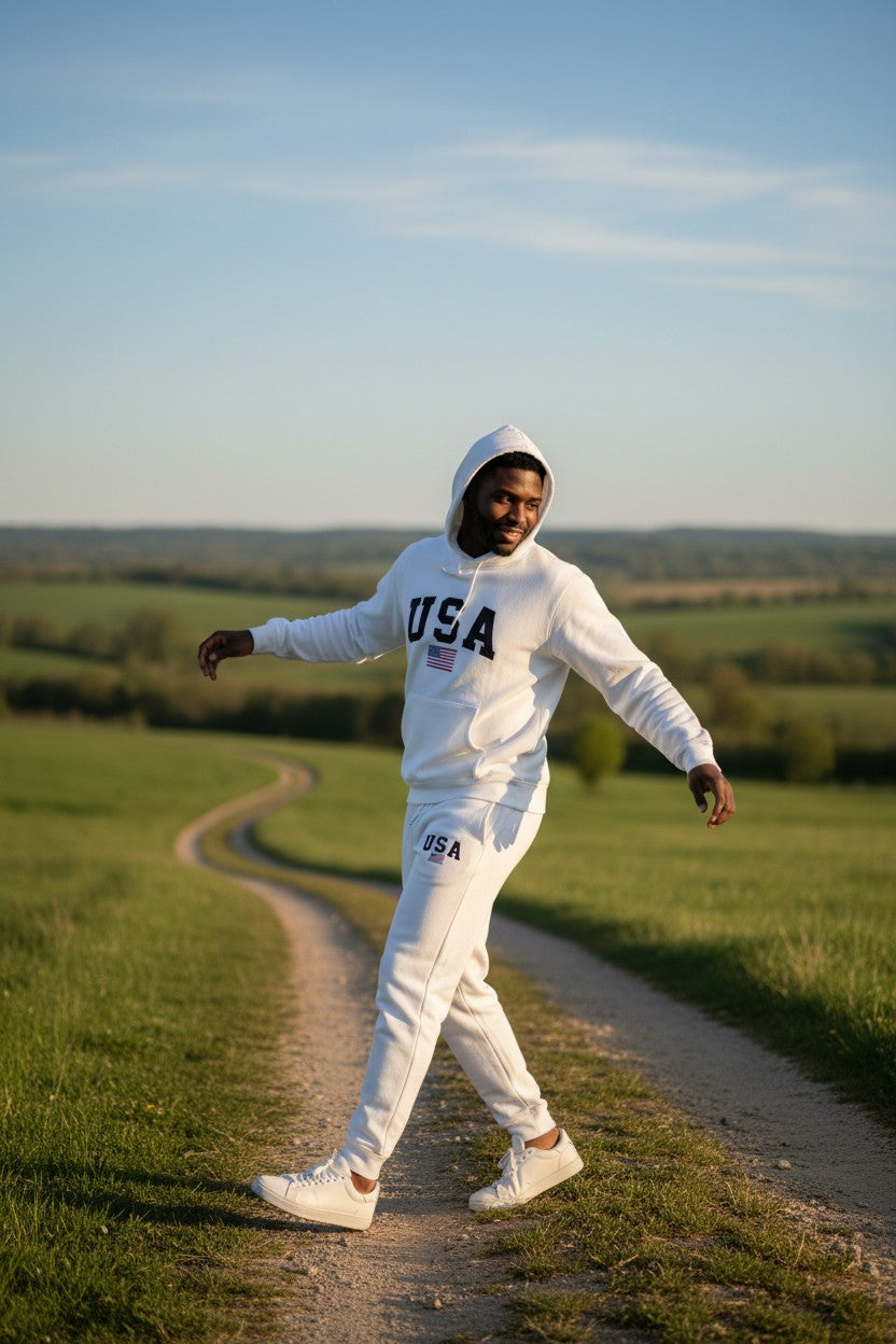 Person in a white USA tracksuit walking on a dirt path in a rural landscape. Antler, Monza Outlet, Monza Fashion, Shein Outlet