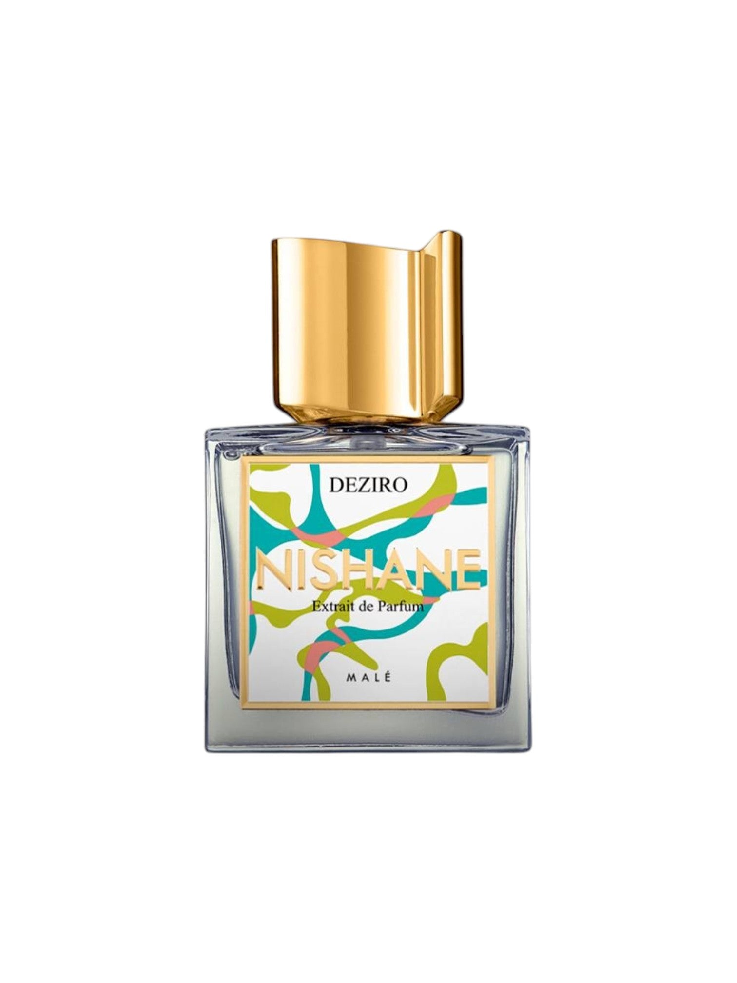 Perfume bottle with gold cap and colorful label on a white background. Nishane, Monza Outlet, Monza Fashion, Shein Outlet