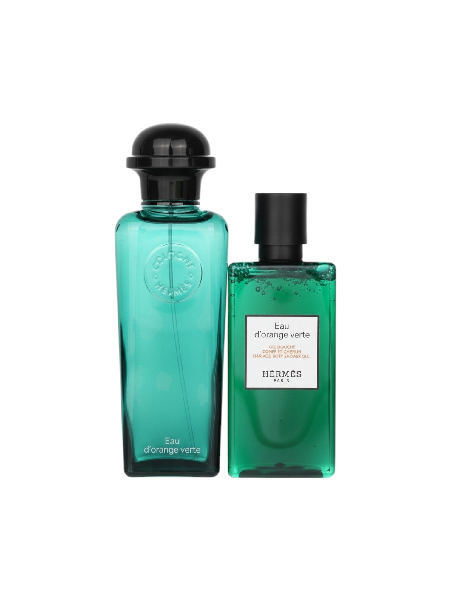 Two green perfume bottles with black caps on a white background. Hermès, Monza Outlet, Monza Fashion, Shein Outlet
