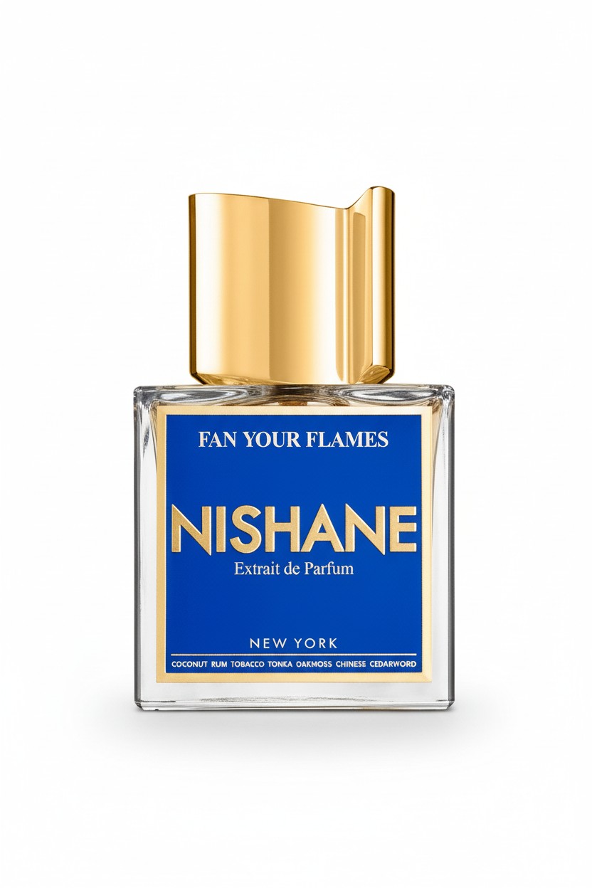 Nishane perfume bottle with gold cap and blue label on a white background. Nishane, Monza Outlet, Monza Fashion, Shein Outlet