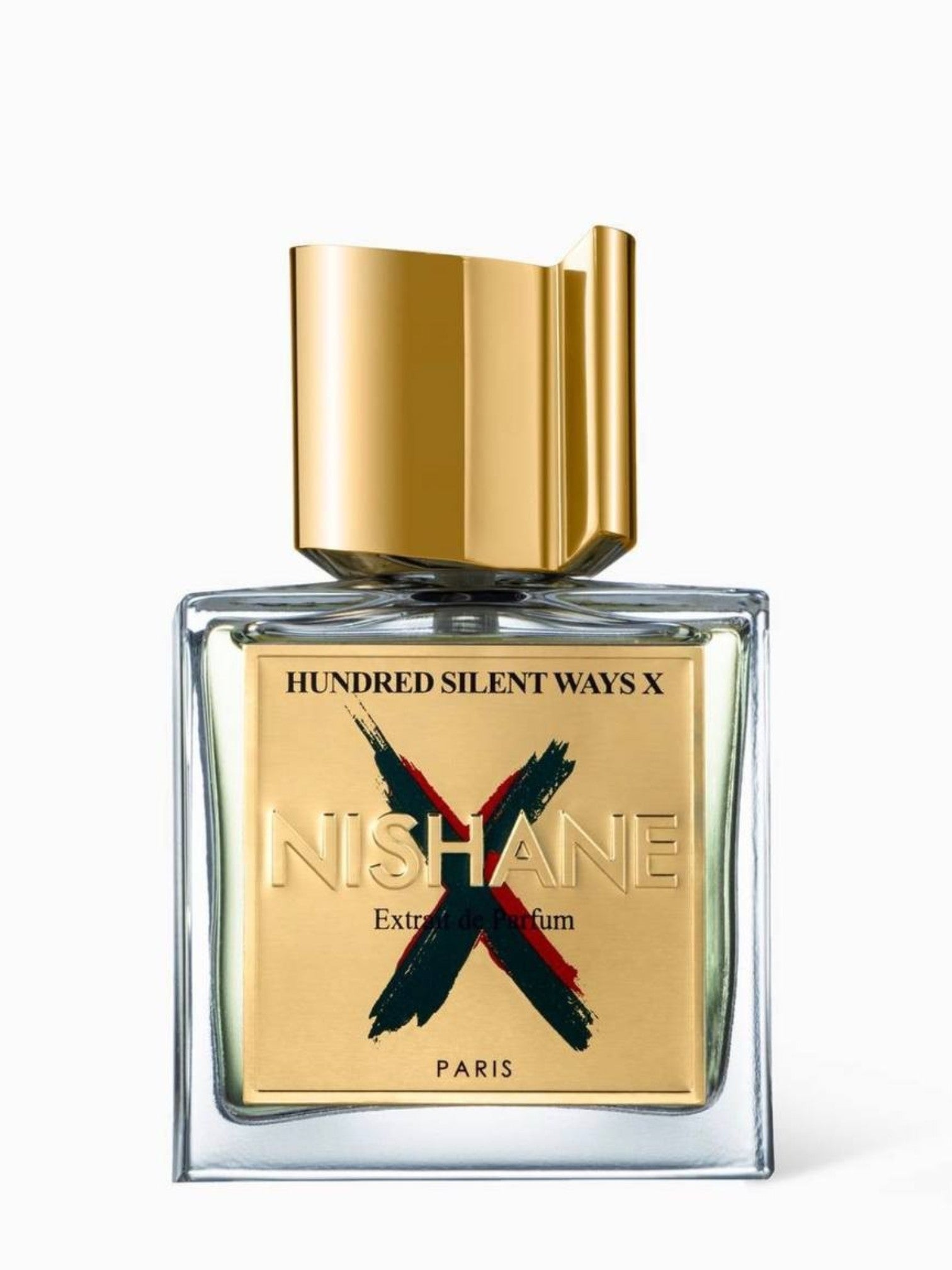 Nishane Hundred Silent Ways X perfume bottle with gold cap and label on a white background. Nishane, Monza Outlet, Monza Fashion, Shein Outlet