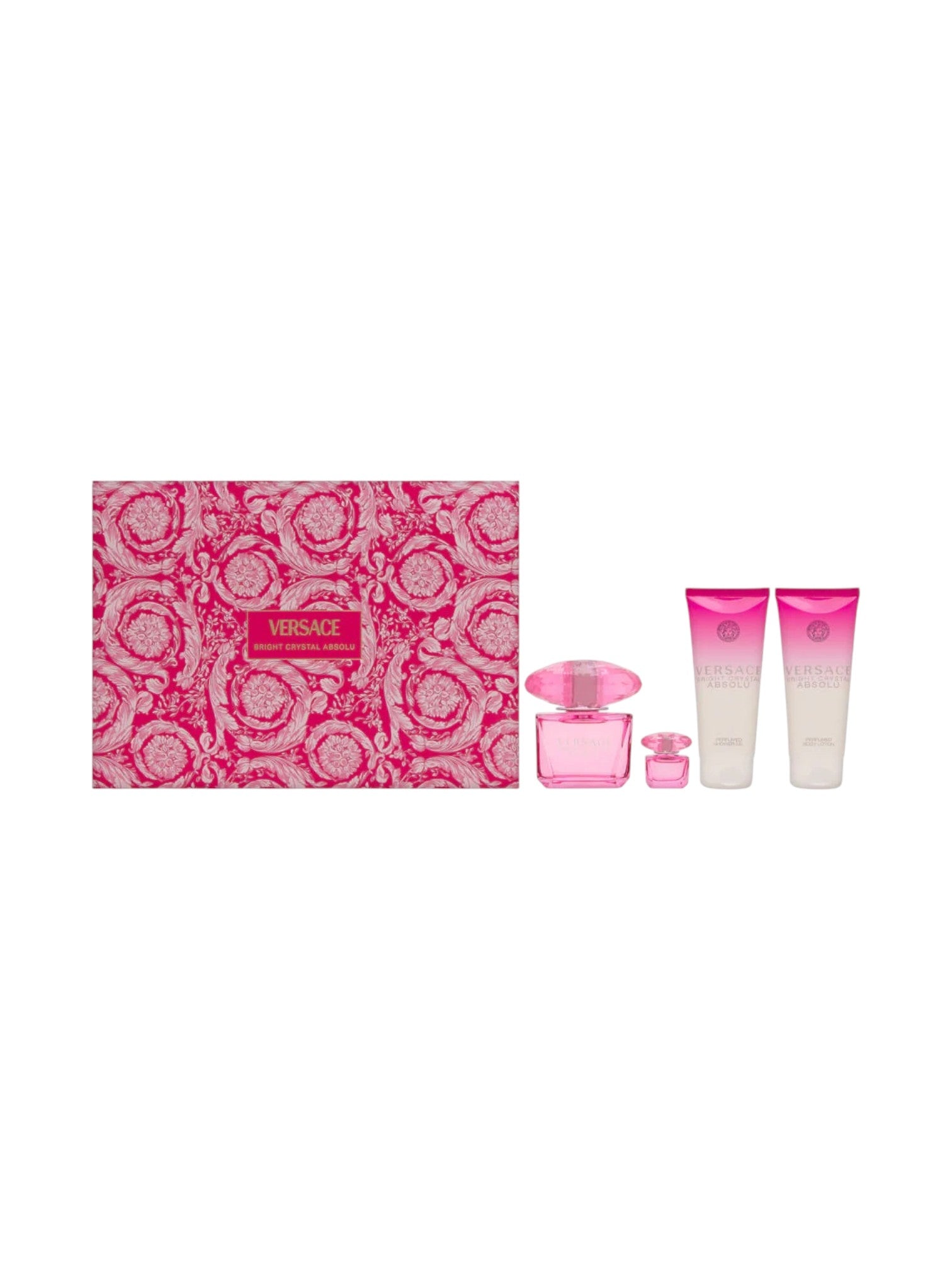 Versace perfume set with pink packaging on a white background, Versace Bright Crystal Absolu, Monza Outlet, Monza Fashion, Shein Outlet