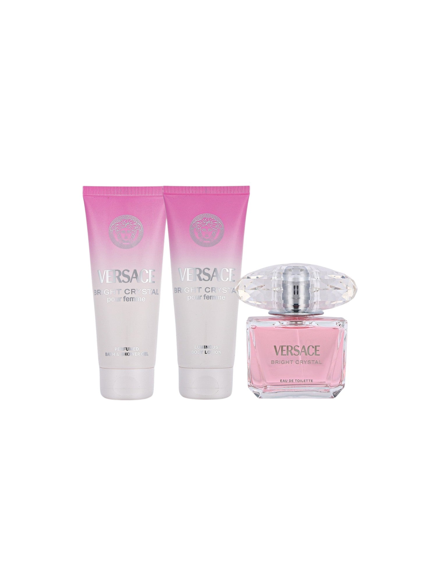 Versace perfume set with two bottles and a spray bottle on a white background. Versace, Monza Outlet, Monza Fashion, Shein Outlet